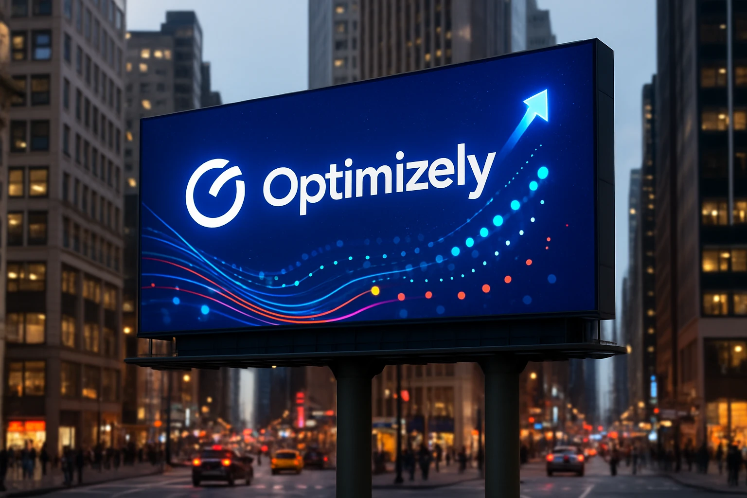 A cityscape billboard displaying the Optimizely logo with vibrant graphics, illustrating data flow and digital growth, set against a backdrop of bustling urban life.