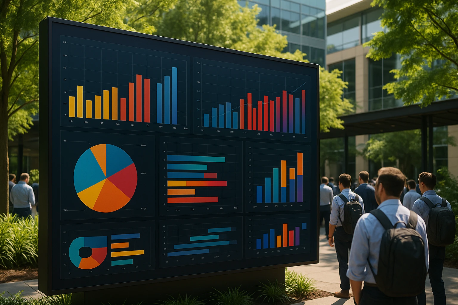 An expansive, interactive dashboard with colorful bar graphs and pie charts displayed on a large outdoor banner in a tech conference setting, surrounded by lush greenery and modern architecture.