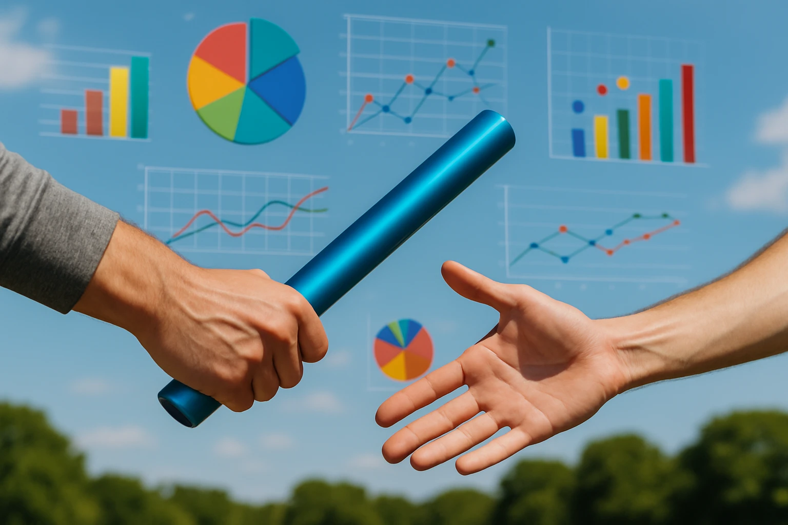 A relay baton being passed between two people outdoors, symbolizing seamless workflow transitions, with a backdrop of colorful data charts and graphs floating in the sky.