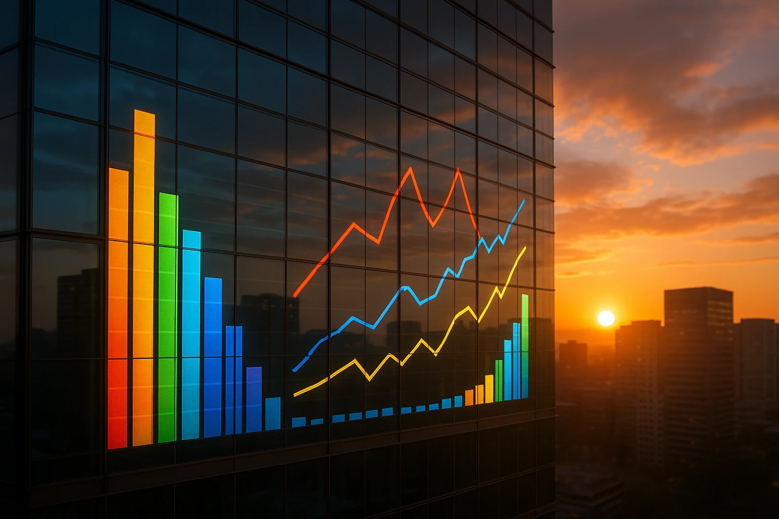 A set of colorful bar graphs and data charts projected onto a glass building facade at sunset, symbolizing analytics and transformation in a dynamic urban environment.