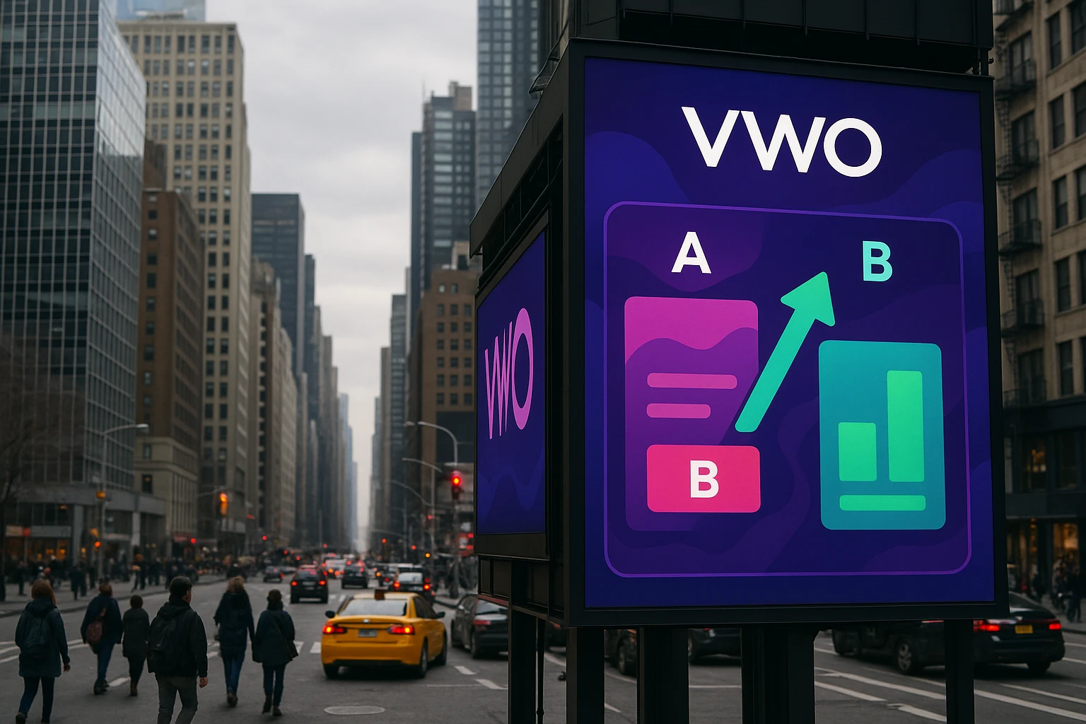 A cityscape billboard displaying the VWO logo with a vibrant, animated graphic highlighting A/B testing results, set against a bustling urban backdrop with pedestrians and traffic.