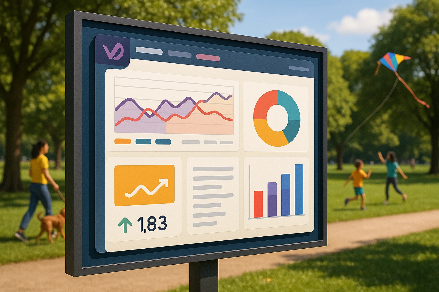A colorful, illustrative diagram of a VWO dashboard interface displayed on an oversized outdoor sign, set against a lively park with people walking dogs and kids flying kites.