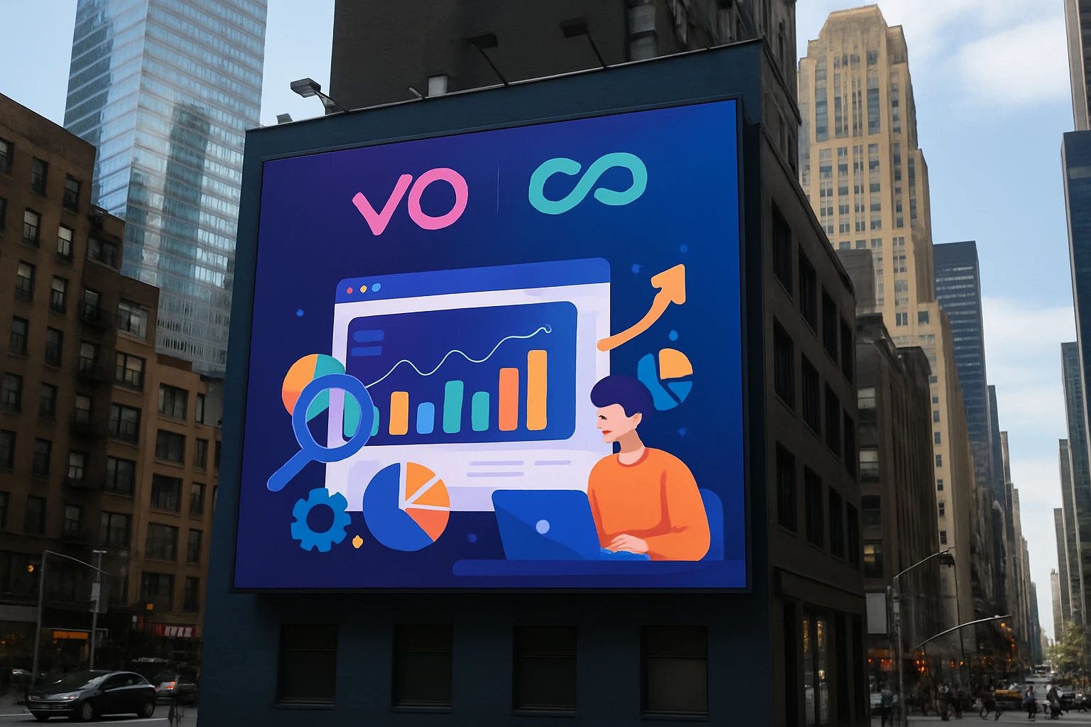 A cityscape featuring a large billboard displaying logos of VWO and Everconvert.ai, with vibrant graphics illustrating data analytics tools, situated against the backdrop of a bustling urban environment.