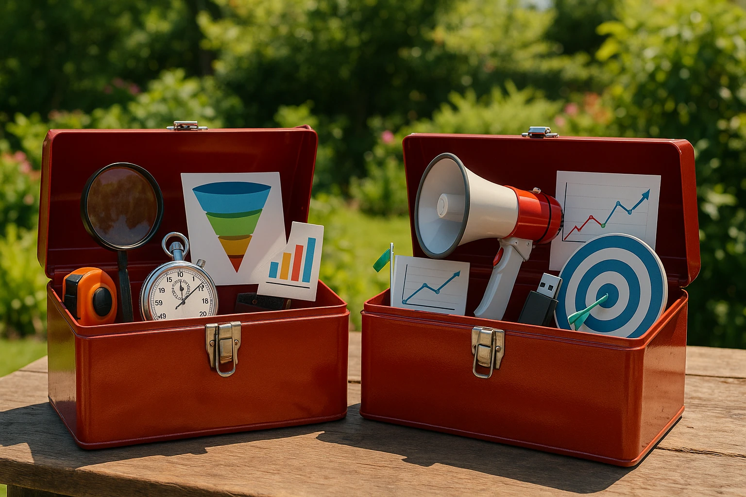 A close-up of two distinct toolboxes labeled 