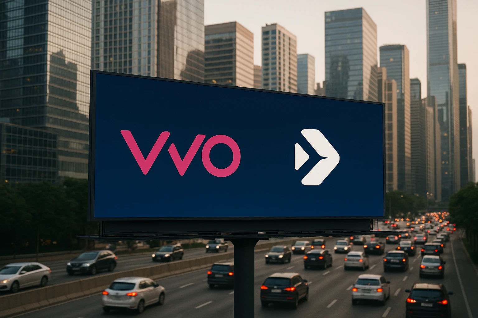 A modern city billboard showcasing the logos of VWO and Everconvert.ai side by side, set against a backdrop of bustling traffic and skyscrapers, highlighting the dynamic nature of digital conversion tools.