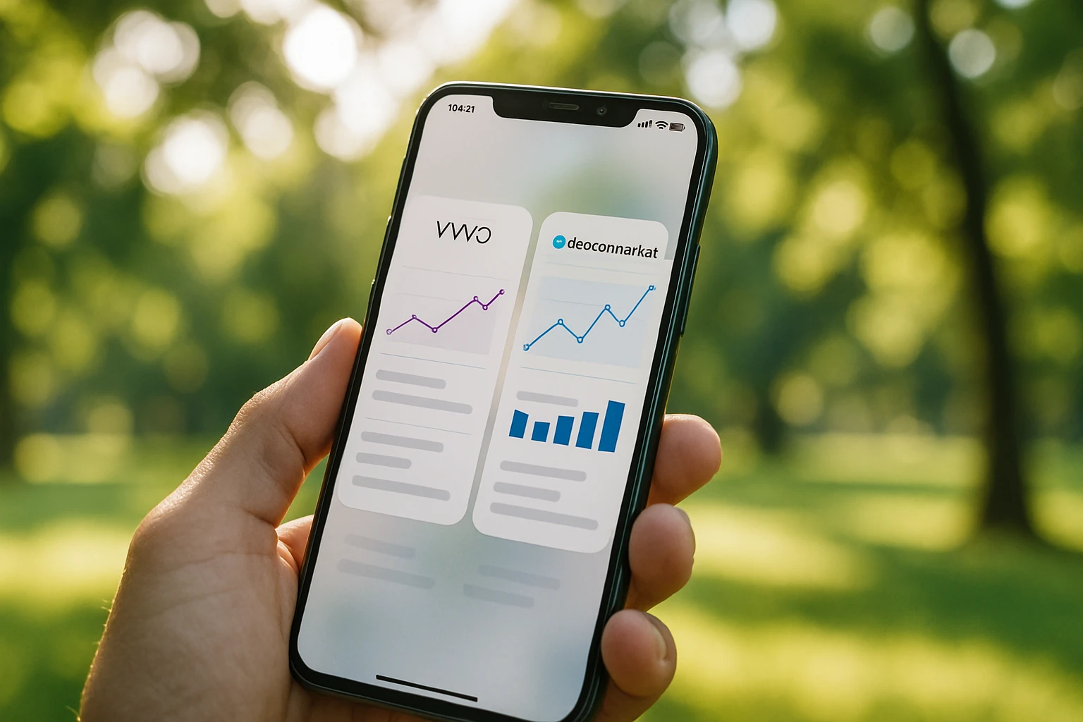 A close-up of a smartphone displaying the VWO and Everconvert.ai interfaces side by side, with sunlight streaming through leaves in a park setting, emphasizing ease of use and accessibility outdoors.