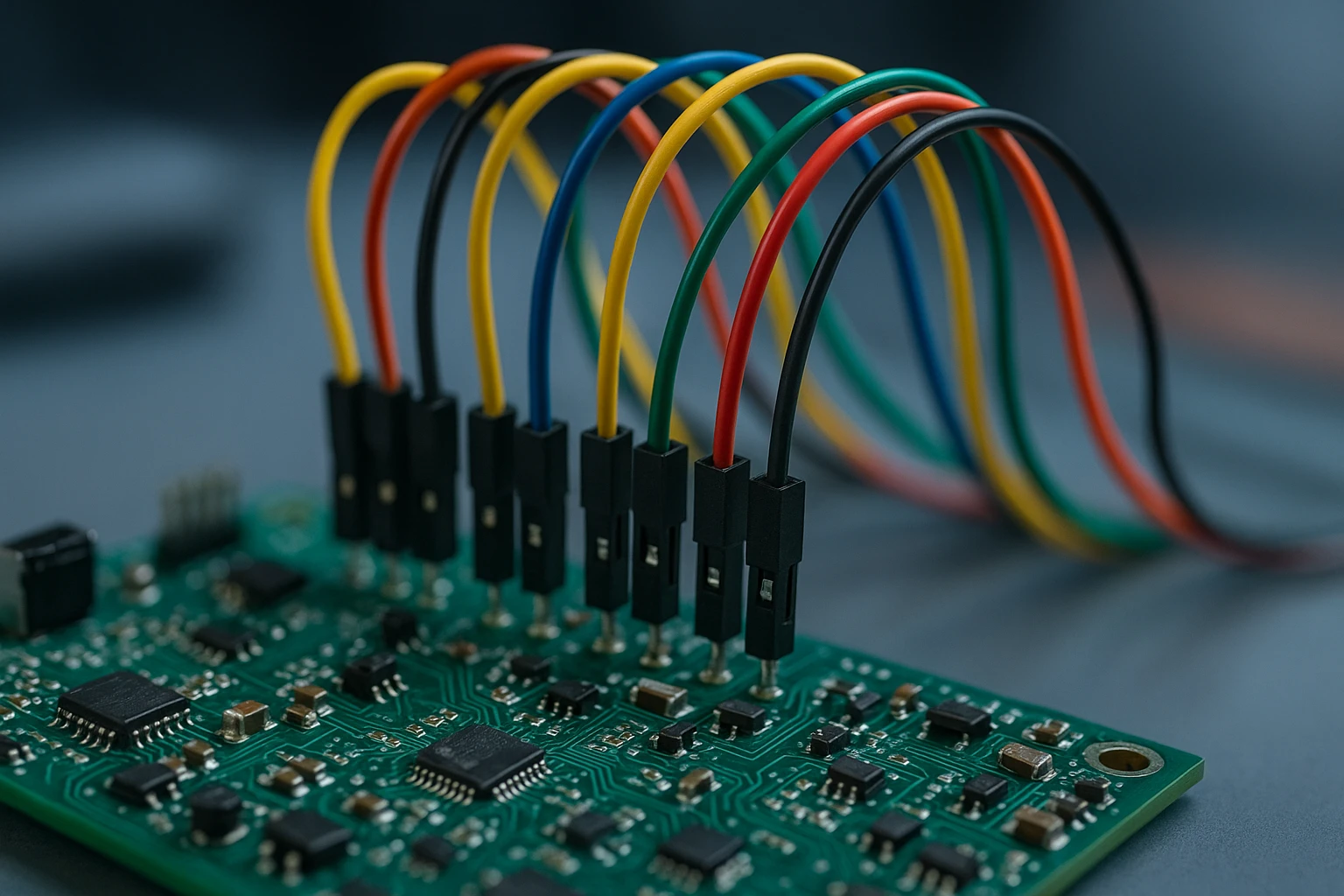 A close-up of a circuit board with colorful wires connected, symbolizing technological innovation and alternative solutions in testing strategies.