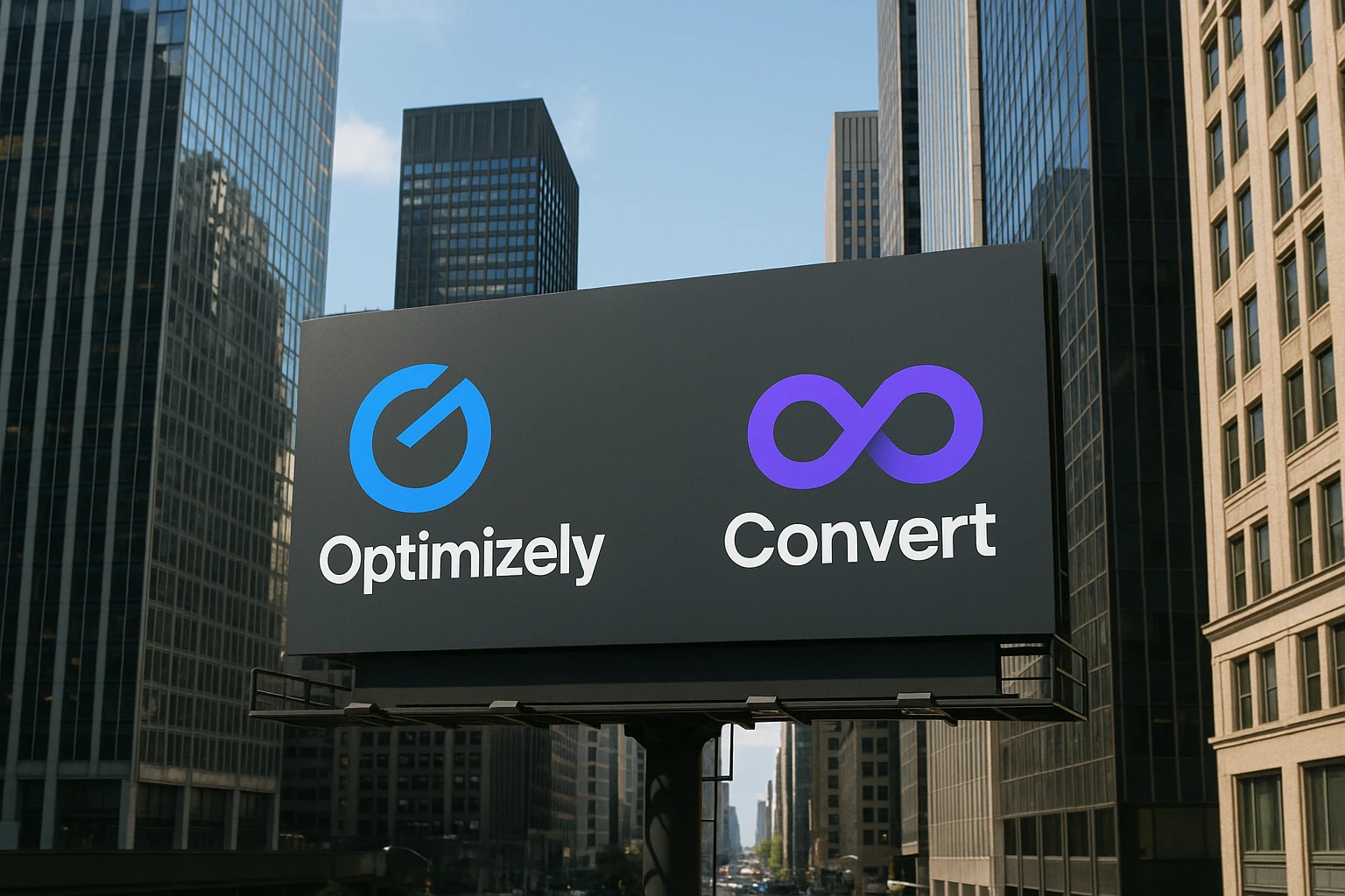 An urban scene with a billboard displaying the logos of Optimizely and Convert, positioned among skyscrapers, symbolizing digital innovation and market competition.