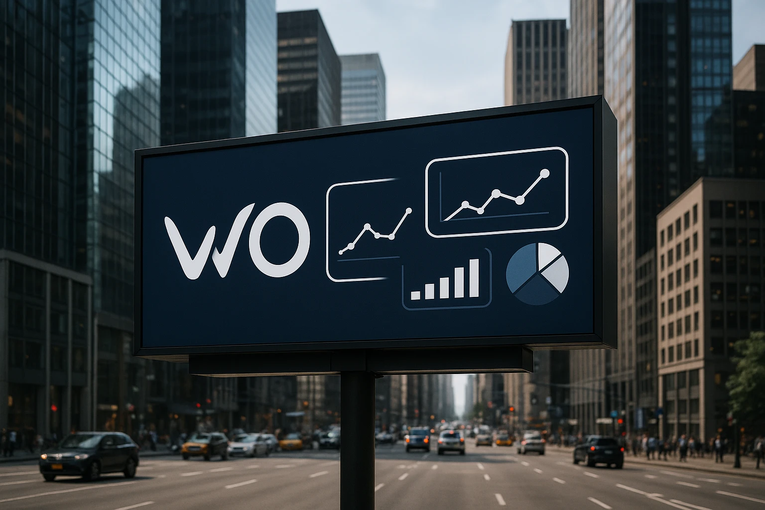 A sleek billboard in a bustling city center displays the VWO logo alongside images of graphs and charts, symbolizing analytics and optimization, with skyscrapers and busy streets in the background.