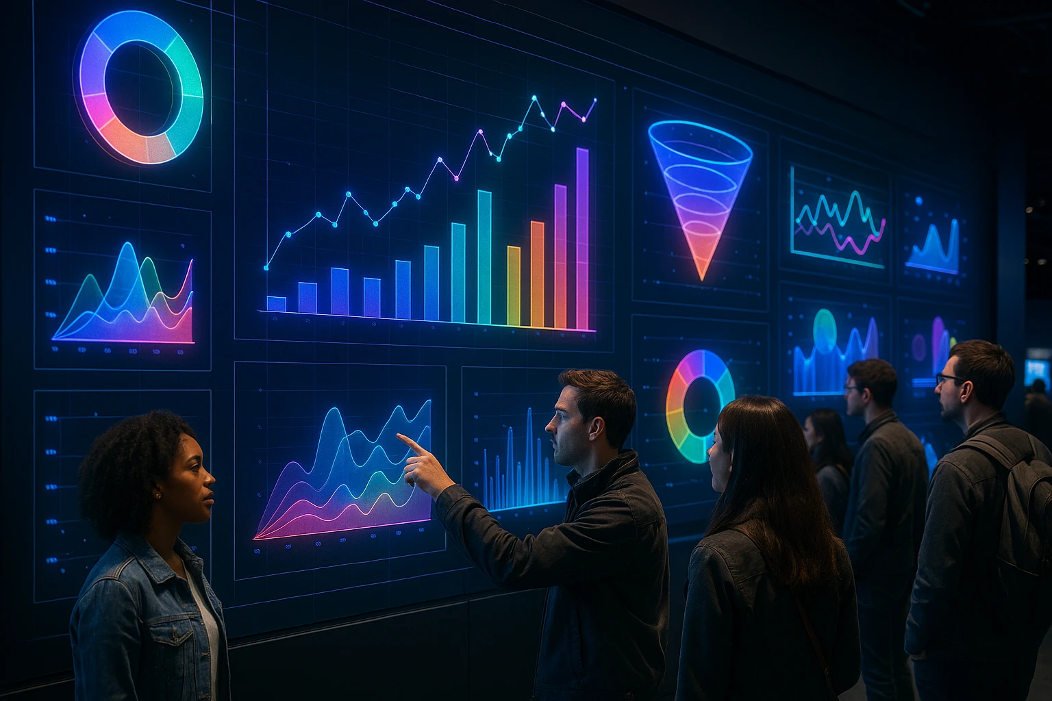 A large interactive wall installation in a tech museum displays dynamic visualizations of conversion data and metrics using vibrant holographic displays, surrounded by intrigued visitors observing and pointing at the changing graphs and charts.