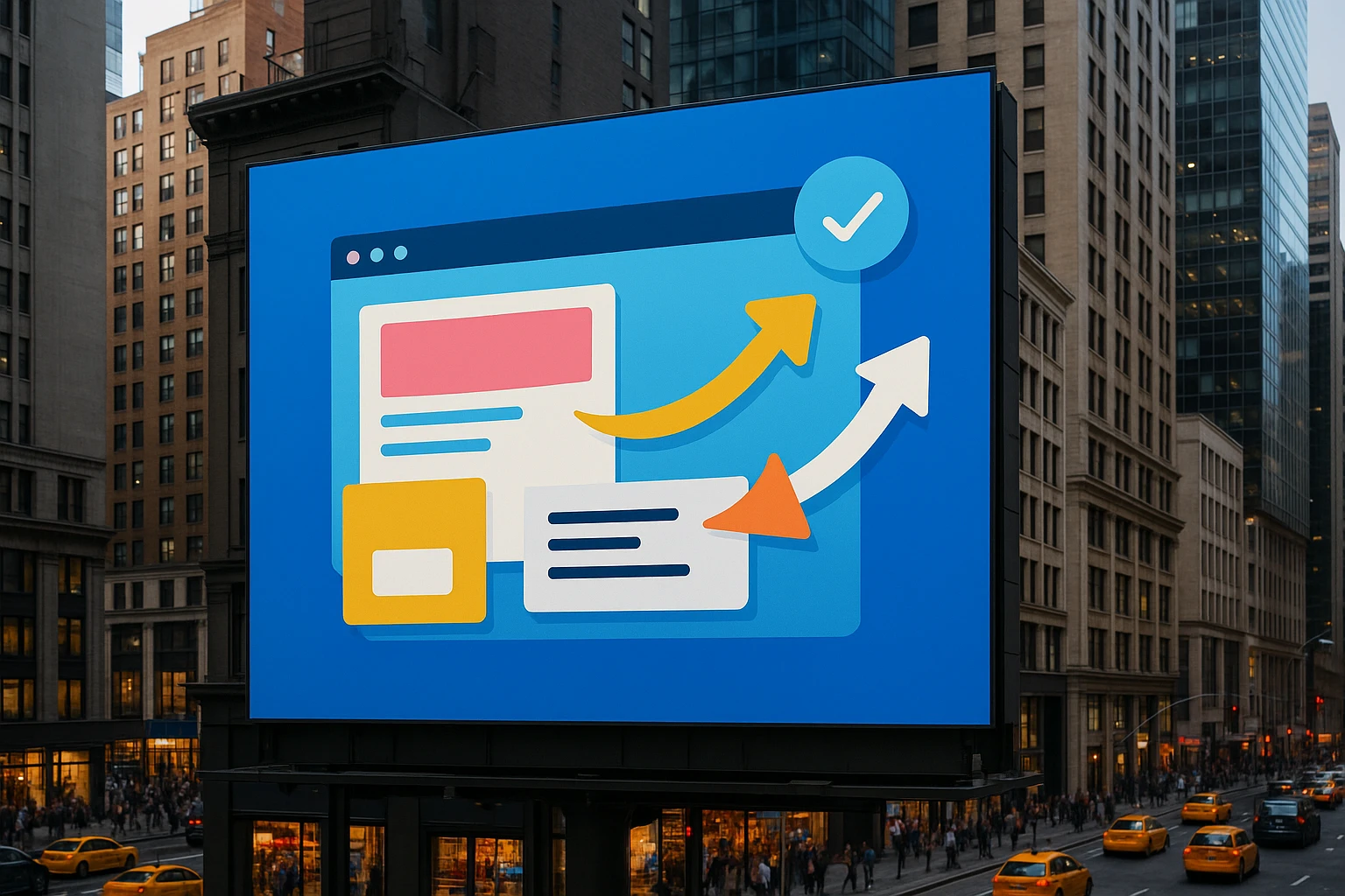 A large, colorful billboard in a bustling city displays the AB Tasty logo alongside graphics of dynamic web page elements being rearranged, with arrows indicating optimization and improvement.