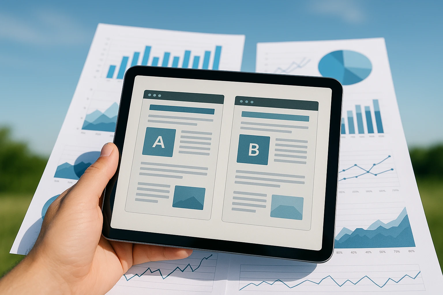 A close-up of a tablet displaying two different versions of a webpage, each marked with an 