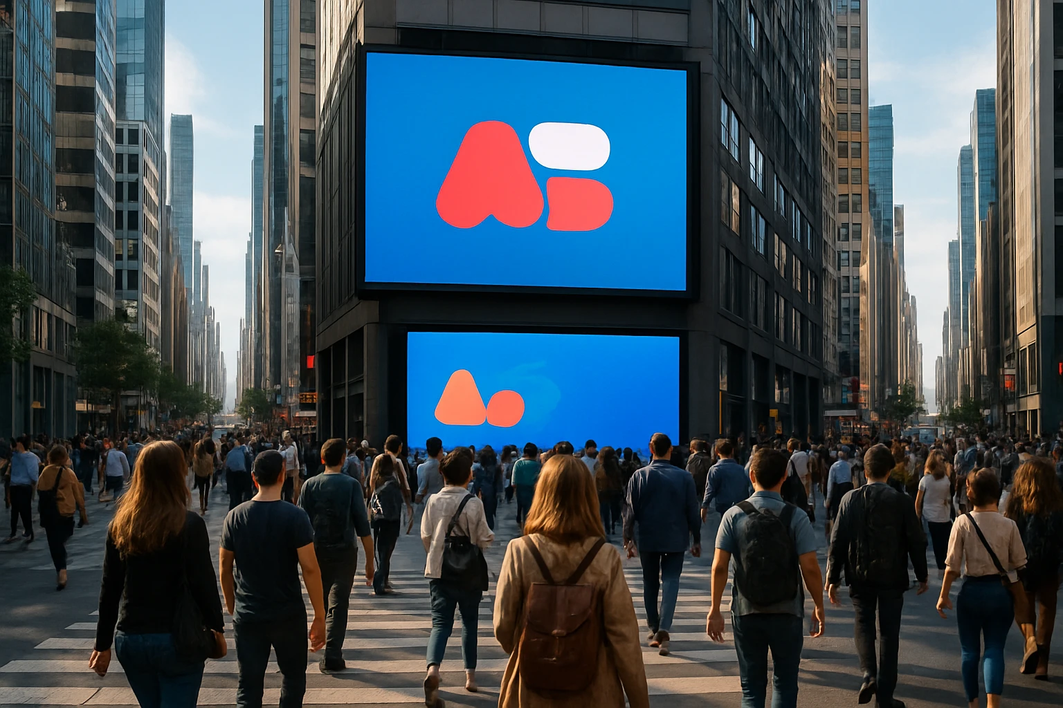 A vibrant city street with a digital billboard displaying the AB Tasty logo, surrounded by bustling pedestrians and modern architecture.