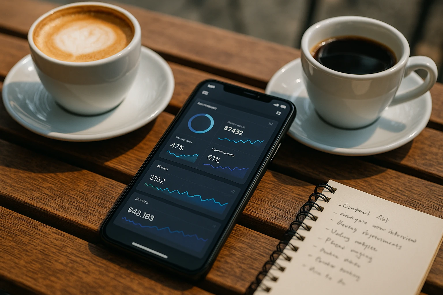 A close-up of a smartphone screen displaying AB Tasty's dashboard interface, surrounded by coffee cups and a notepad with handwritten notes, set on a wooden outdoor café table.
