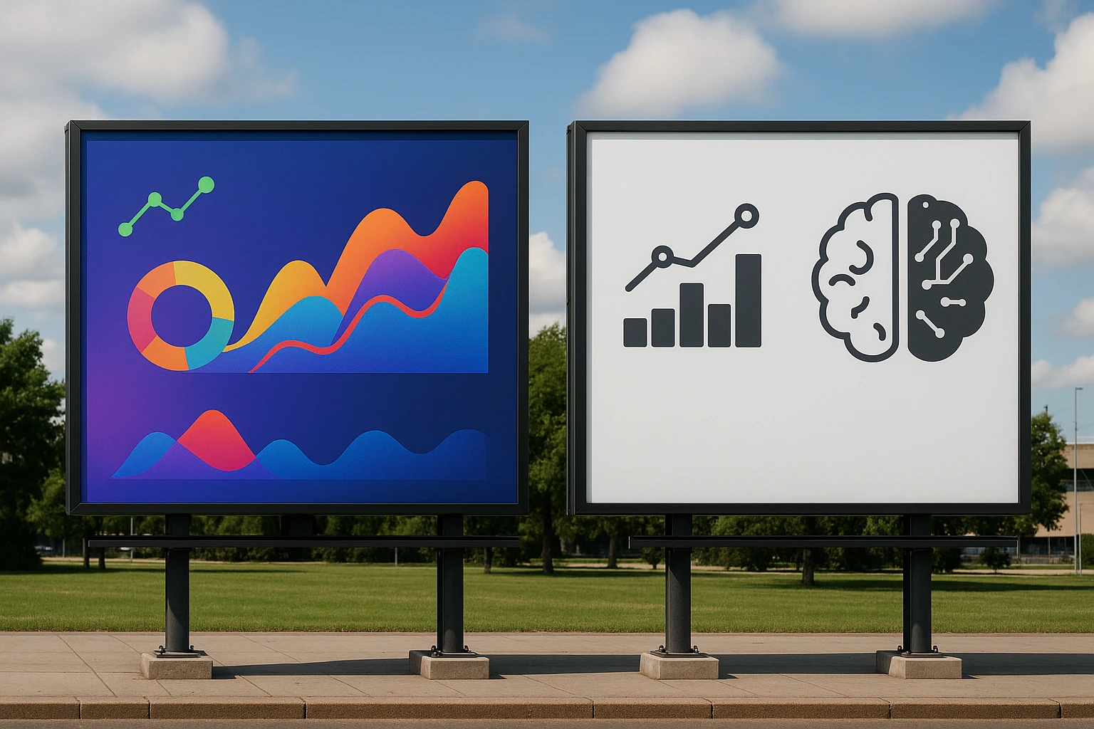 An outdoor scene with two large contrasting billboards side by side: one displays the AB Tasty logo with visuals of dynamic, colorful graphs, while the other showcases Everconvert.ai with sleek, minimalist charts and AI brain graphics.