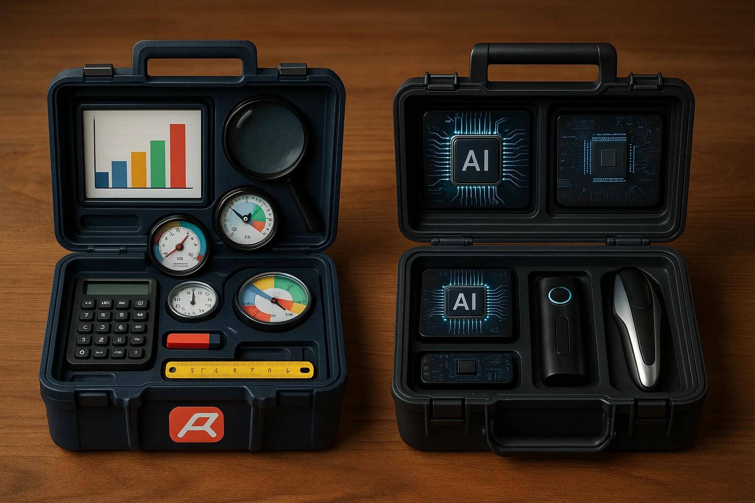 Two distinct toolkits on a wooden table: one labeled with the AB Tasty logo, filled with colorful analytics tools and measurement devices, and the other marked Everconvert.ai, containing sleek AI circuit chips and futuristic gadgets.