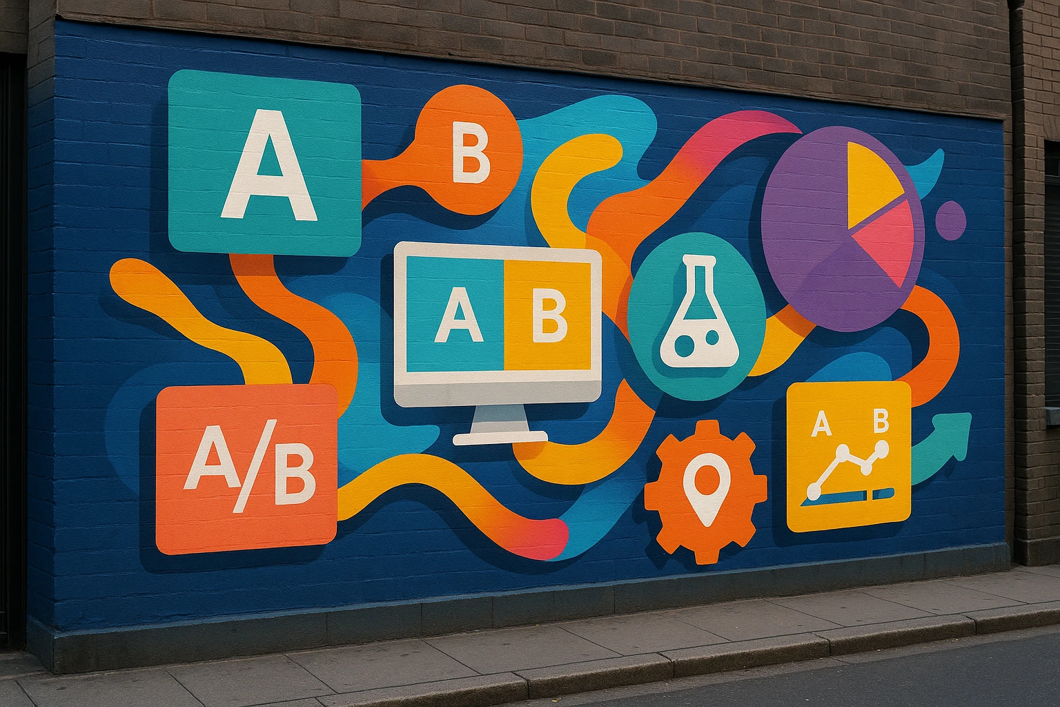 A vibrant mural on a city street wall showcasing various A/B testing platforms, with colorful icons and logos creatively intertwined to symbolize innovation and integration.
