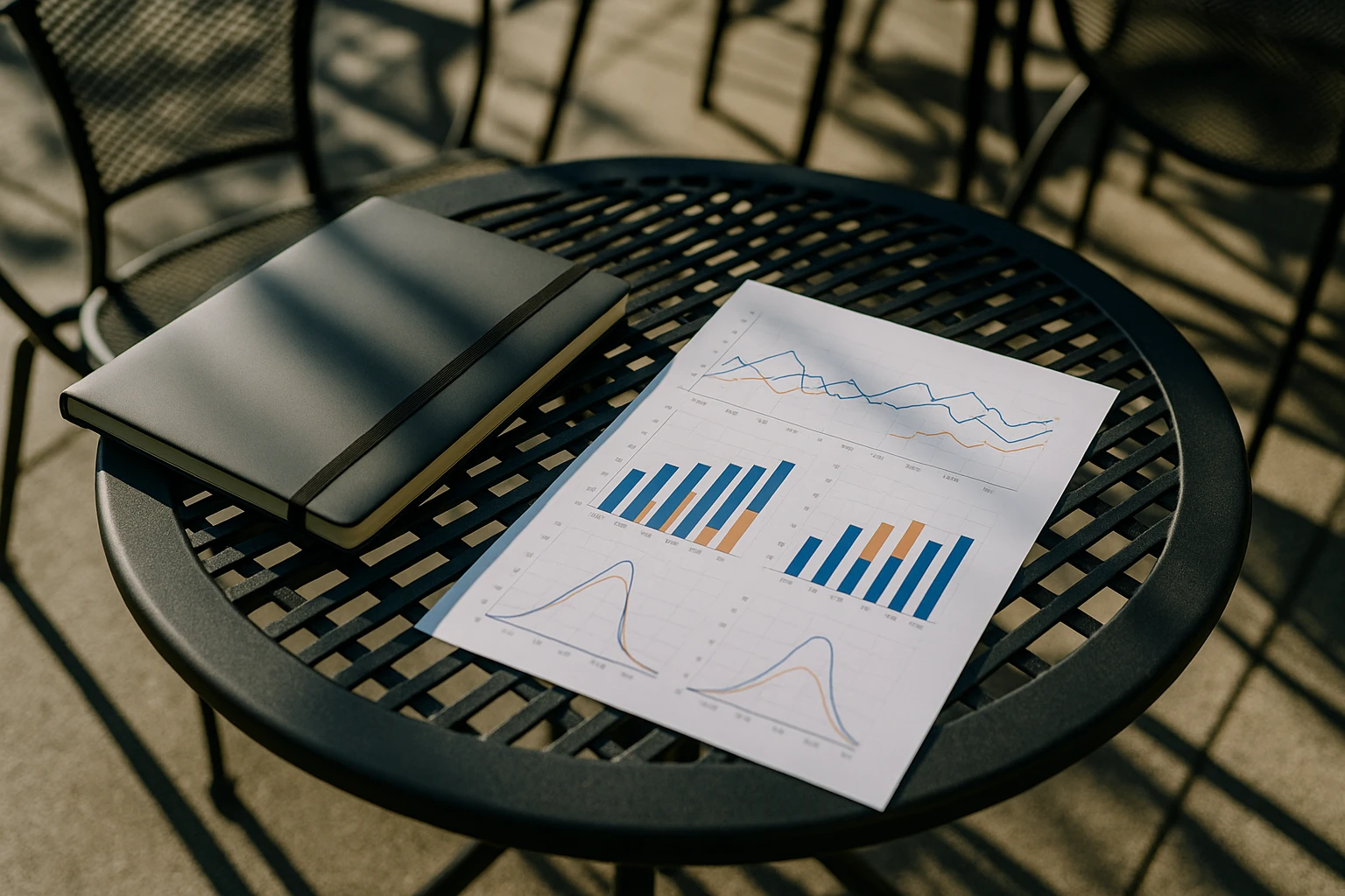 A sleek outdoor café table features a stylish notebook and a printed datasheet displaying complex statistical graphs, with sunlight casting dynamic shadows, illustrating the analytical depth of modern A/B testing alternatives.