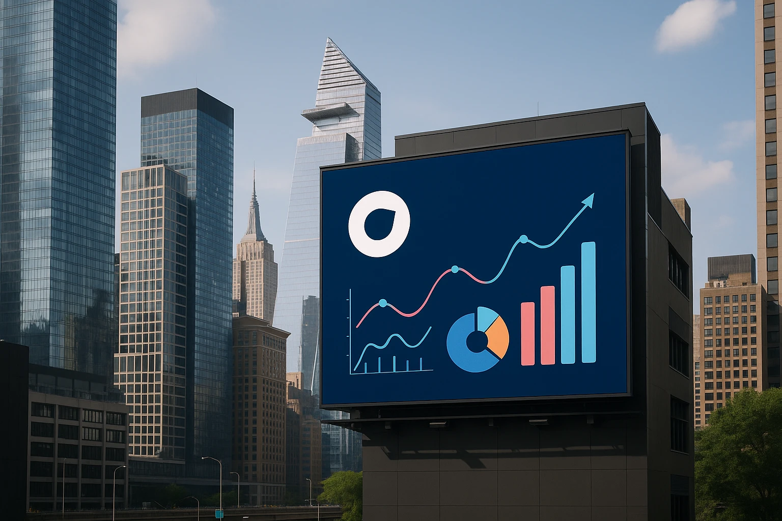 A modern cityscape featuring a prominent digital billboard displaying the AB Tasty logo, with animated graphics representing data analytics and A/B testing concepts unfolding against the skyline.