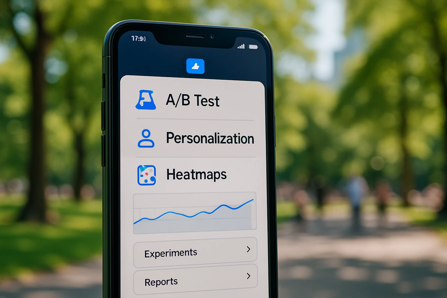 A close-up of a smartphone displaying the AB Tasty interface outdoors, set against a vibrant city park backdrop, with trees and people in the distance, emphasizing the app's user-friendly design and accessibility.