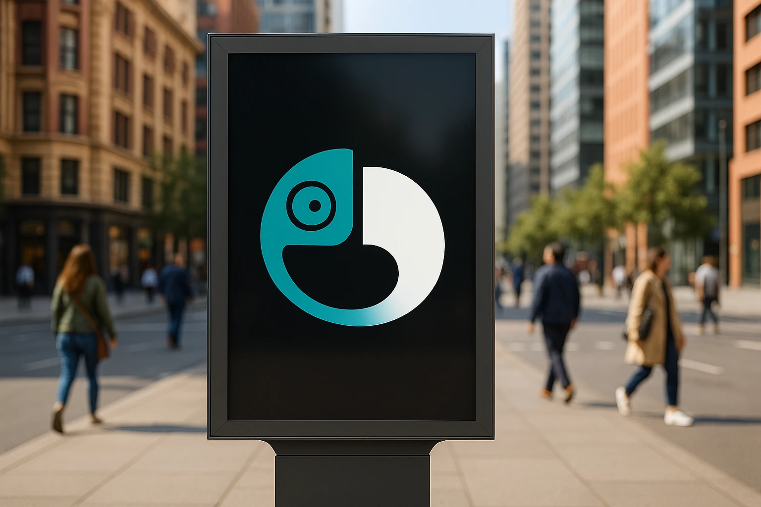 A sleek outdoor advertising billboard prominently displaying the Kameleoon logo against a vibrant cityscape, with pedestrians walking by in the background.