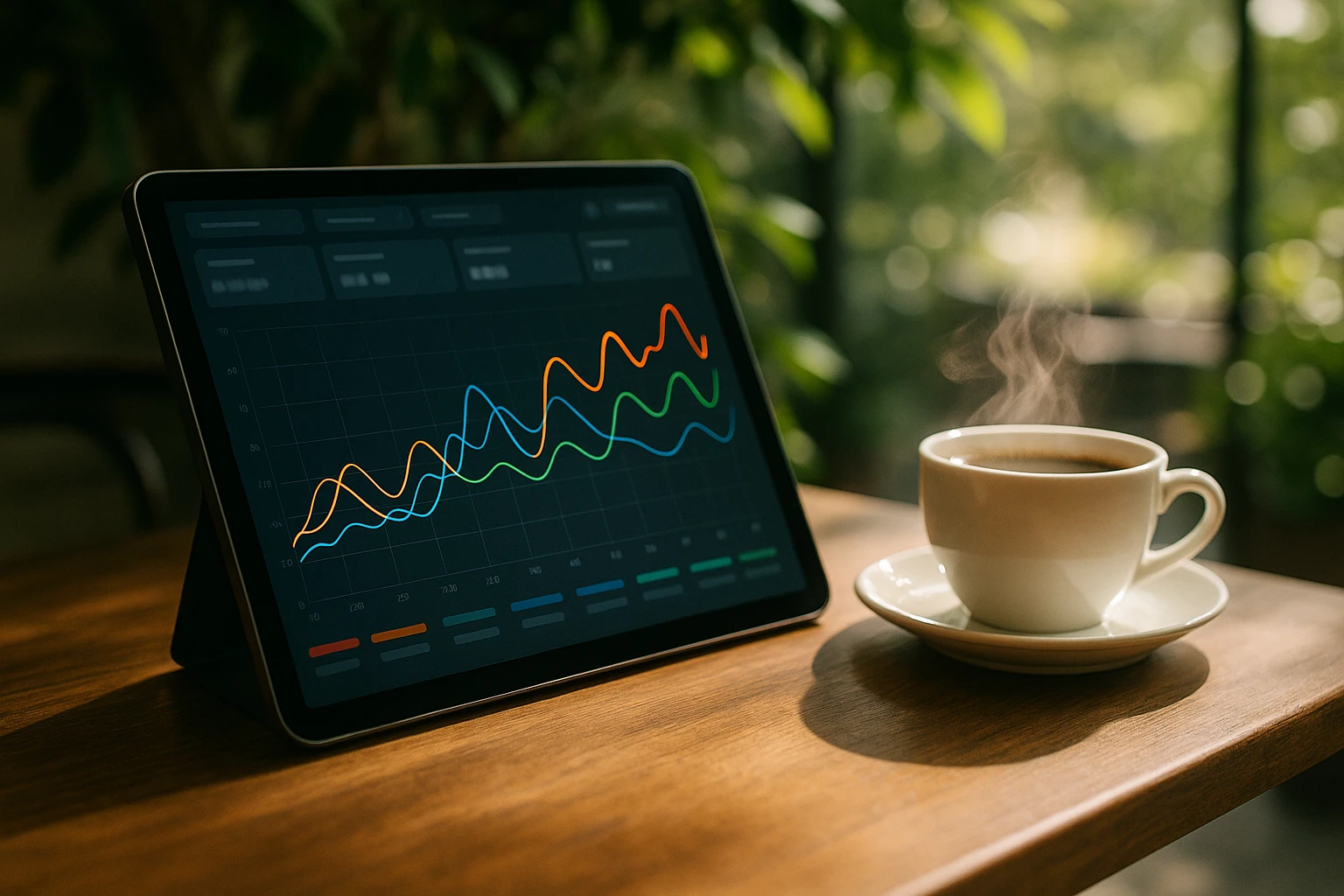A dynamic close-up of a tablet showing a vibrant, interactive graph on the Kameleoon platform, set on a café table with a steaming cup of coffee next to it, surrounded by lush greenery and sunlight streaming through the window.