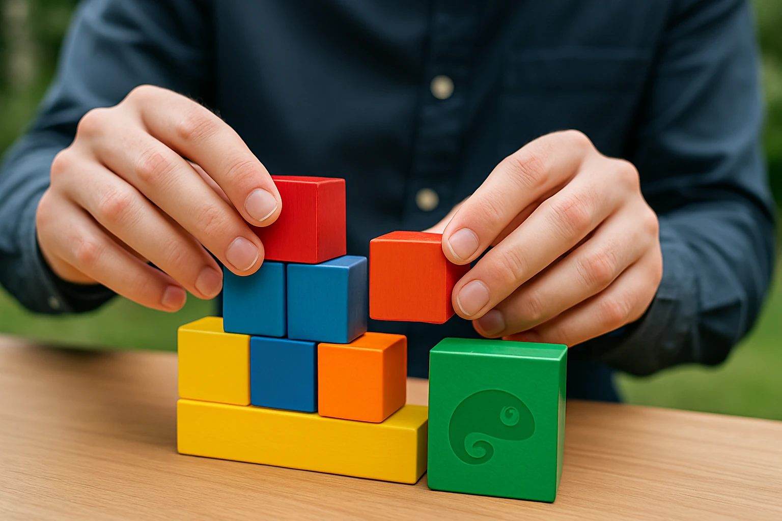 Hands adjusting colorful building blocks on a table outdoors, symbolizing dynamic experimentation and creativity, with a Kameleoon logo subtly visible on a block.