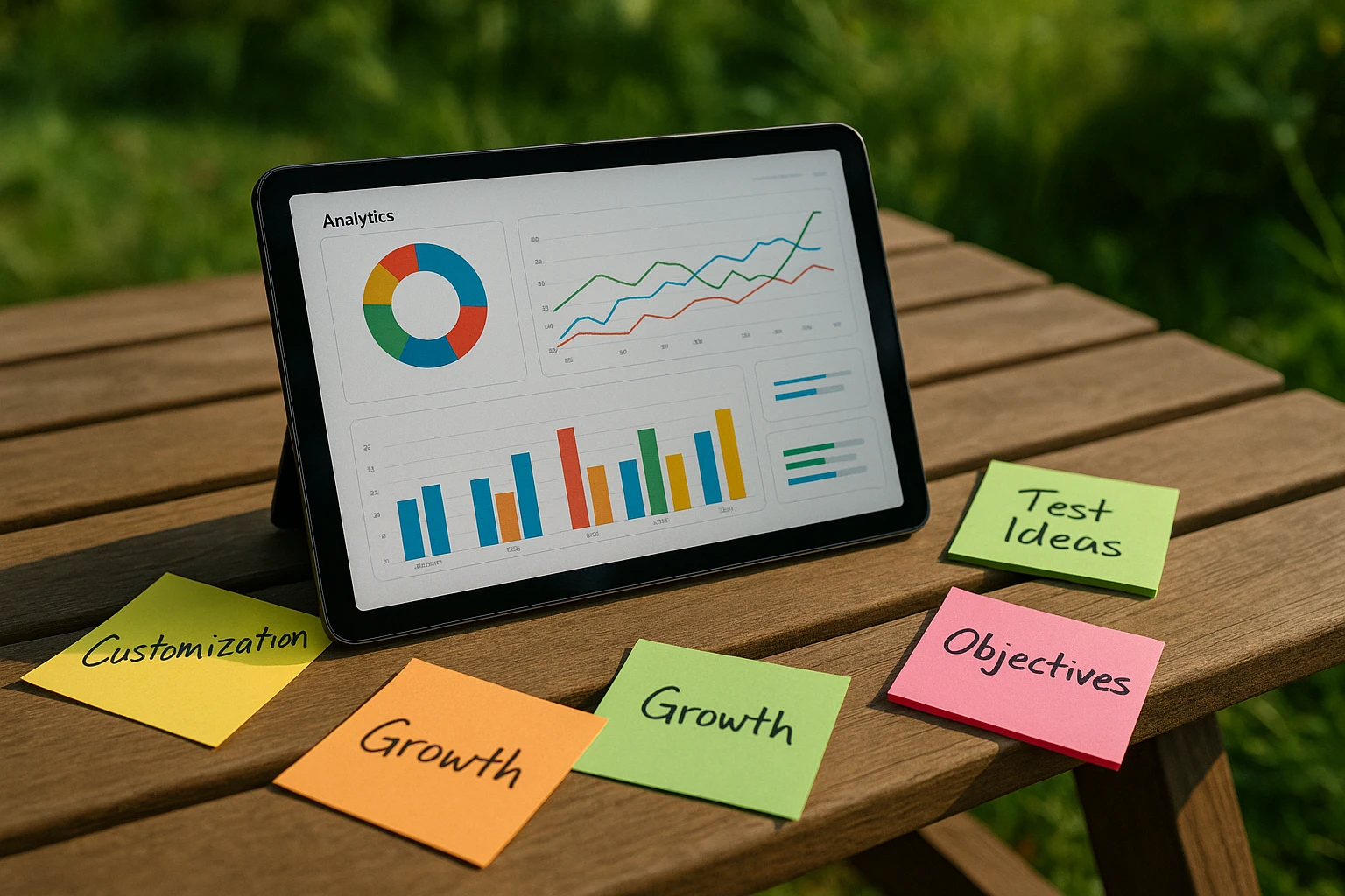 A close-up of a tablet displaying a colorful analytics dashboard, surrounded by sticky notes with brainstormed goals written on them, set against a wooden picnic table amidst greenery, symbolizing strategic experimentation with Kameleoon outdoors.
