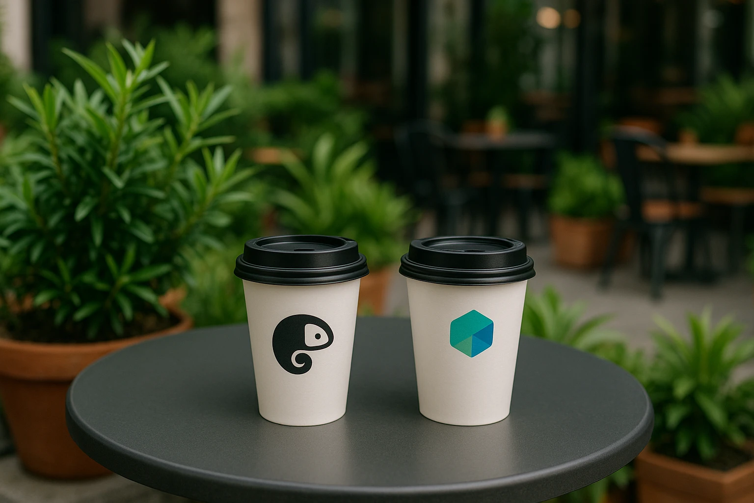A modern outdoor café setting with two distinct branded coffee cups on a table—one labeled 