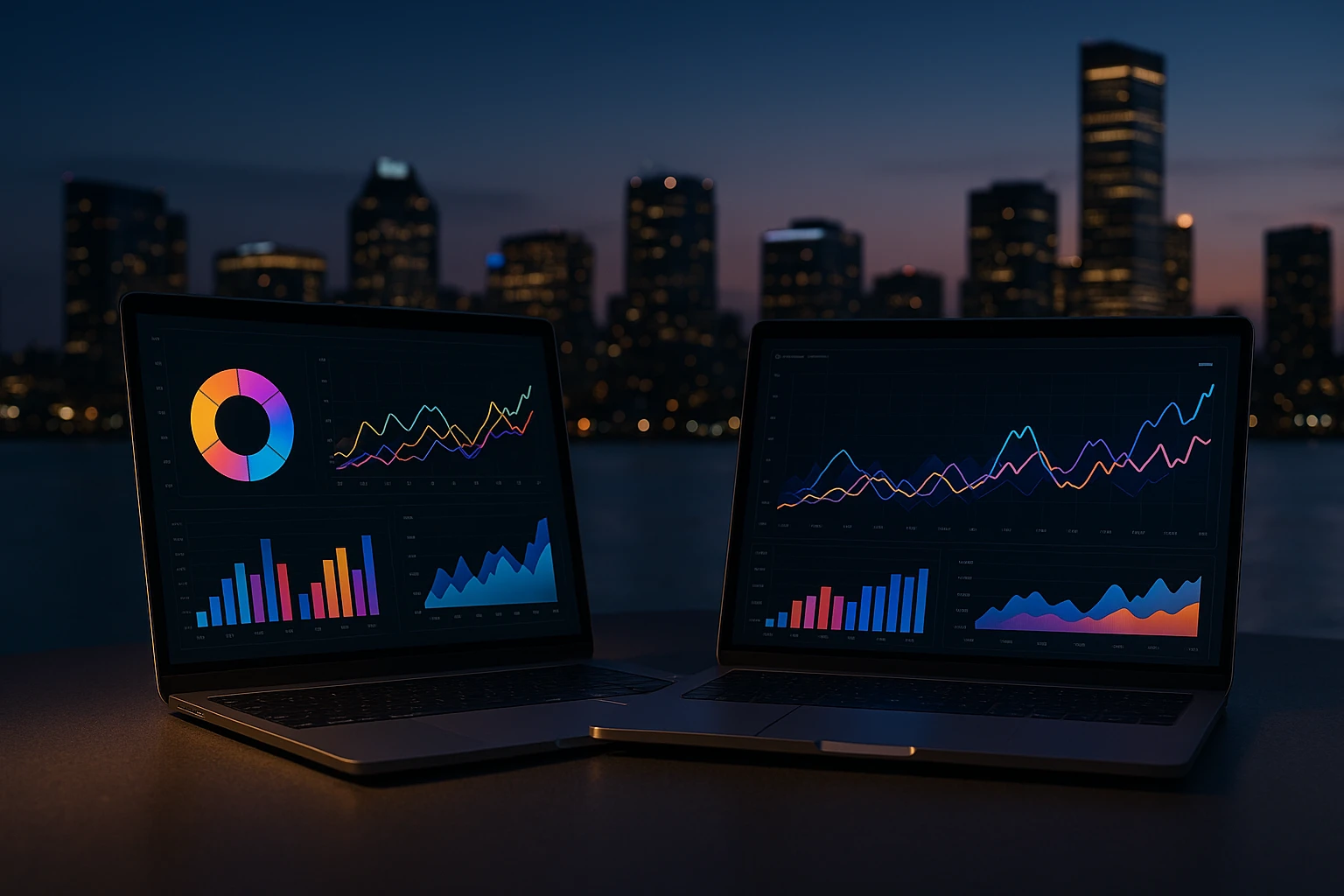 A side-by-side comparison of two high-tech devices, one with the Kameleoon logo displaying vibrant data charts, and the other with the Everconvert.ai logo featuring dynamic data-driven graphs, set against a futuristic cityscape at dusk.