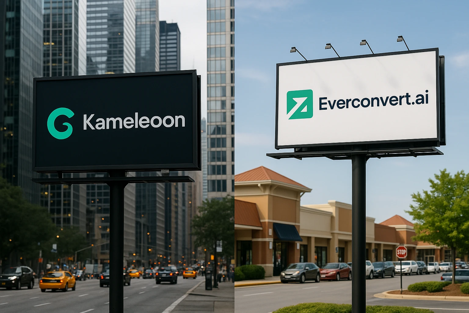 A split image featuring two distinct outdoor billboards: one displaying the logo and tagline of Kameleoon against a bustling city backdrop, and the other showcasing Everconvert.ai's branding amidst a vibrant suburban shopping area.