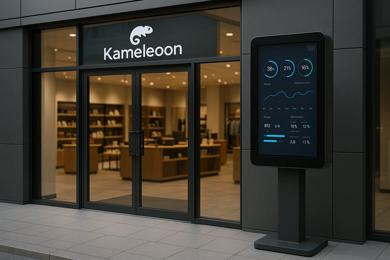 A sleek, modern retail storefront with Kameleoon’s logo prominently displayed on the glass entrance, while a digital kiosk outside showcases Everconvert.ai’s analytics dashboard, highlighting real-time customer engagement statistics.