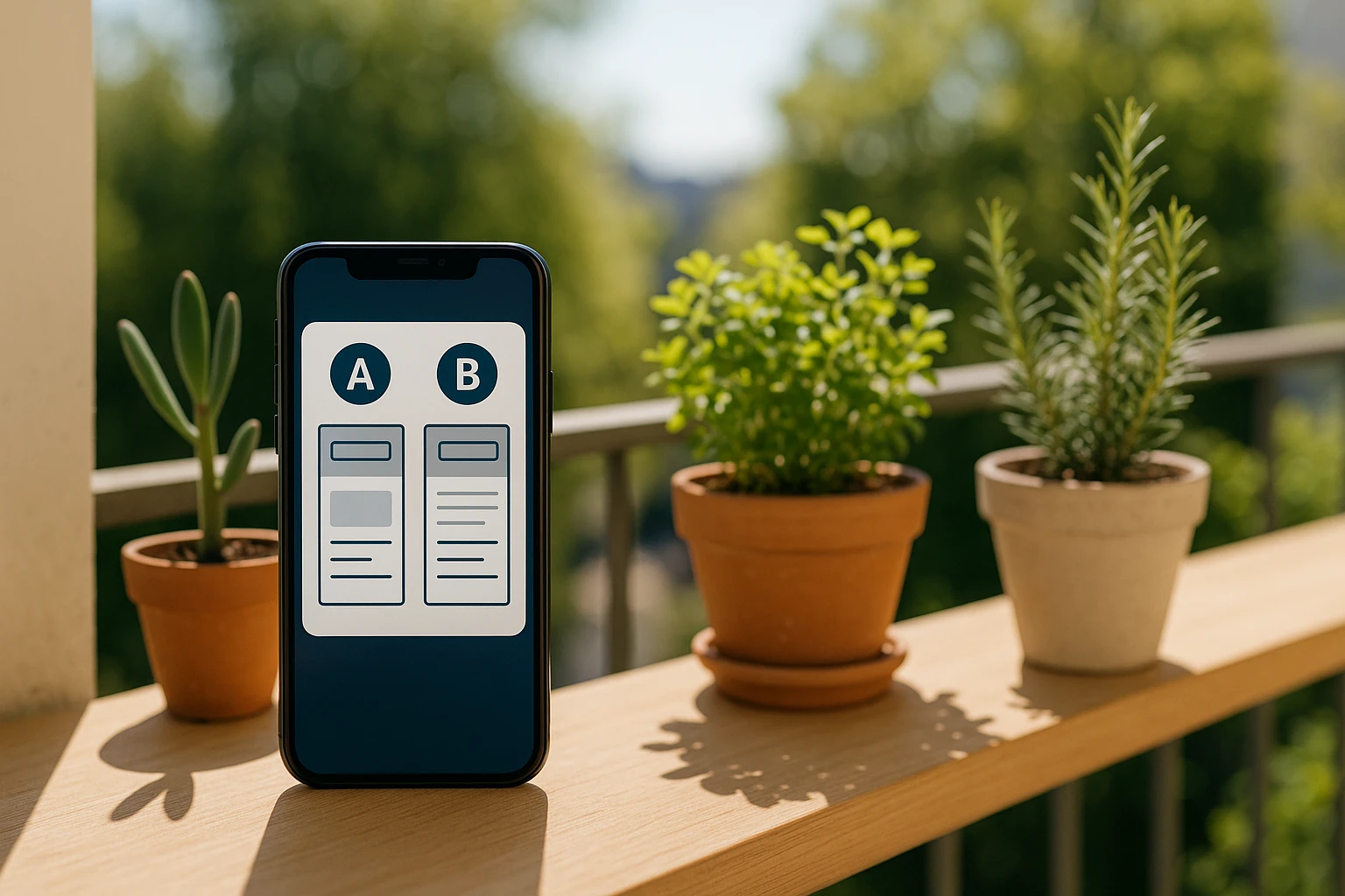 A smartphone displaying an app interface with A/B testing options beside a row of potted plants on a sunlit balcony, emphasizing the balance between technology and a refreshing outdoor setting.