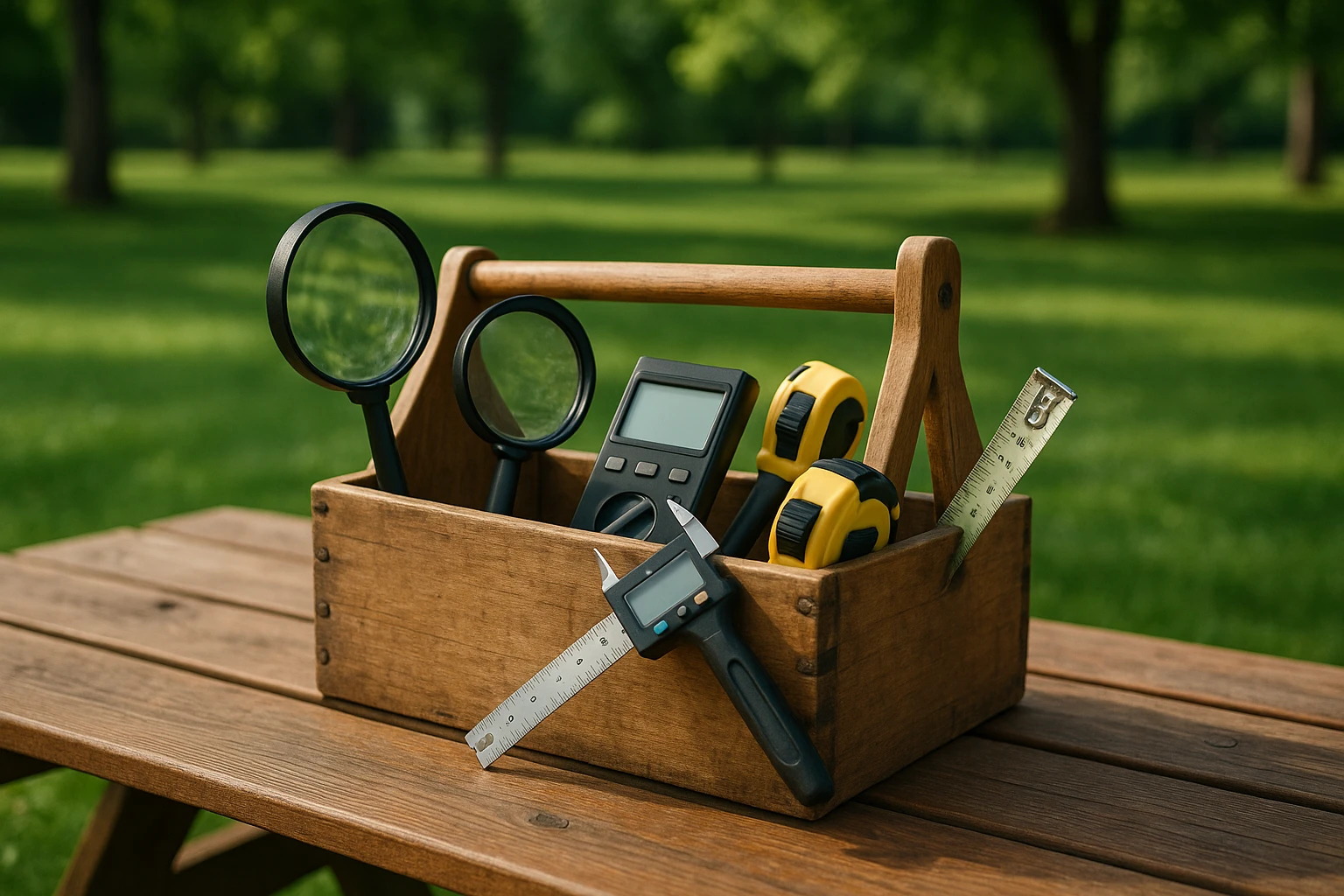 A toolbox filled with various digital testing tools, like magnifying glasses and measuring tapes, on a wooden picnic table in a park, symbolizing the diverse CRO tool options available outside traditional office settings.