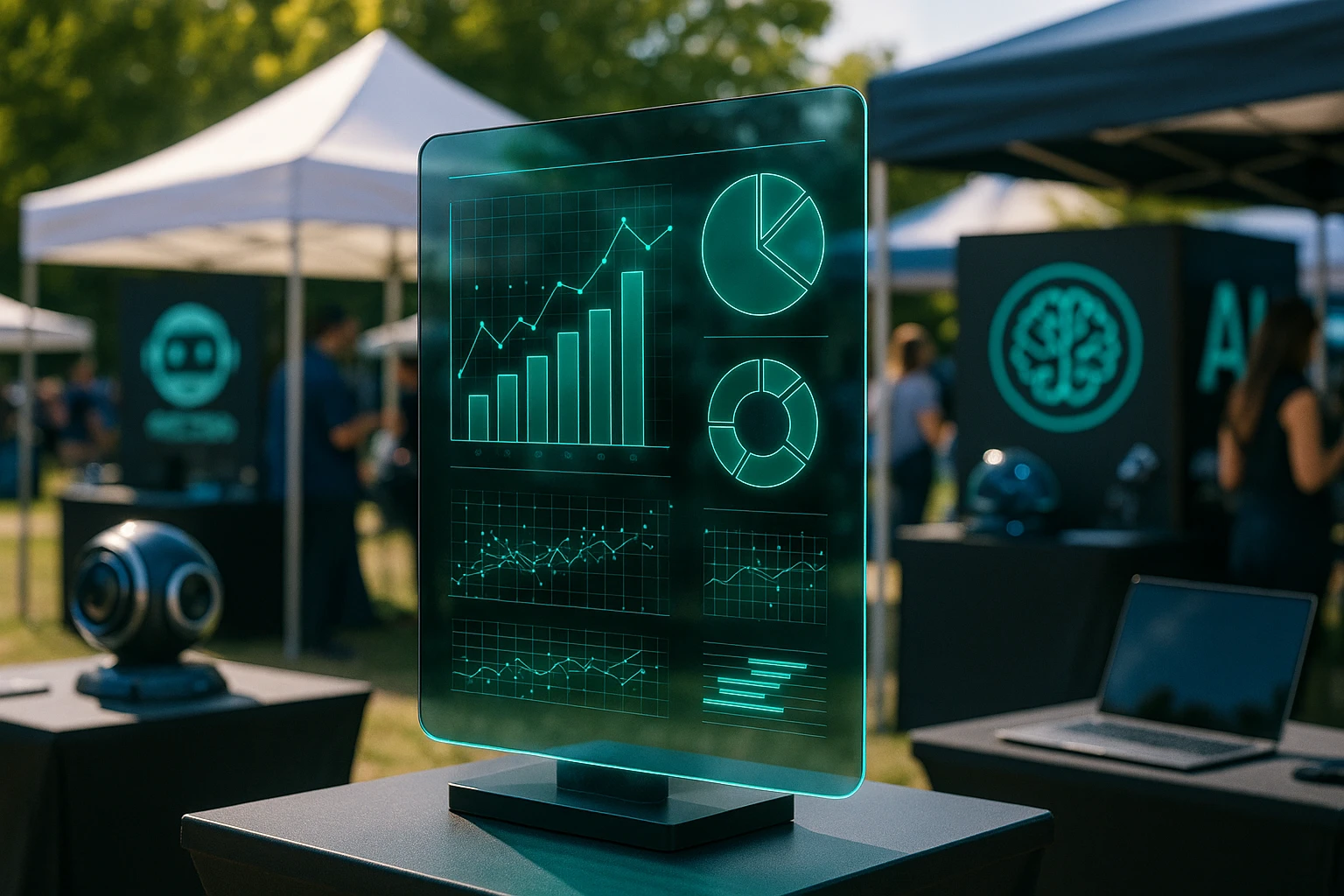 A sleek holographic display projecting real-time analytics and data visuals amidst a vibrant outdoor tech expo, with futuristic gadgets and AI logos prominently featured on adjacent booths.