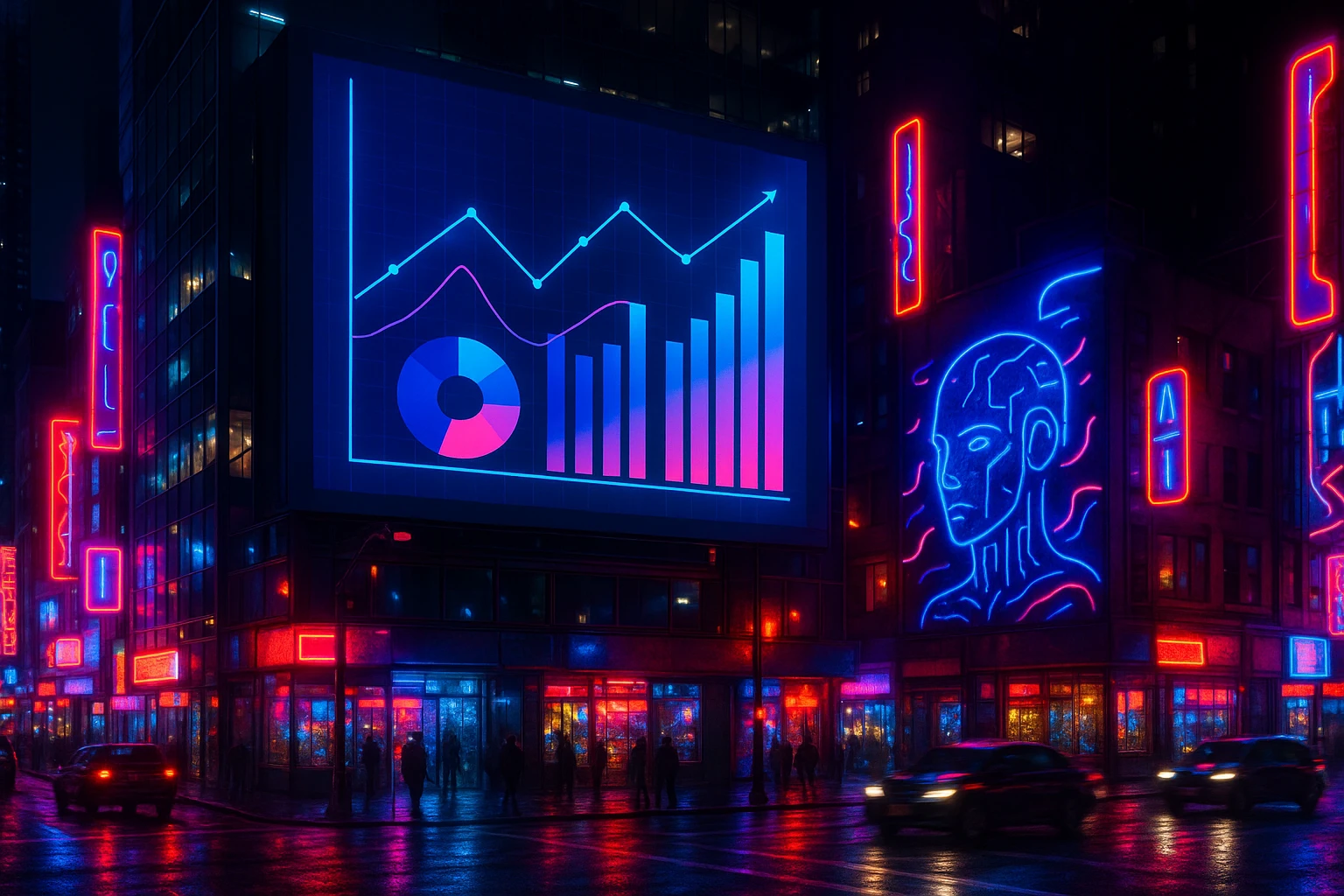 A vibrant cityscape at night with a large digital billboard showcasing dynamic graphs and data visuals, surrounded by bright neon lights and AI-themed street art, emphasizing the advanced capabilities of Kameleoon's personalization tools.