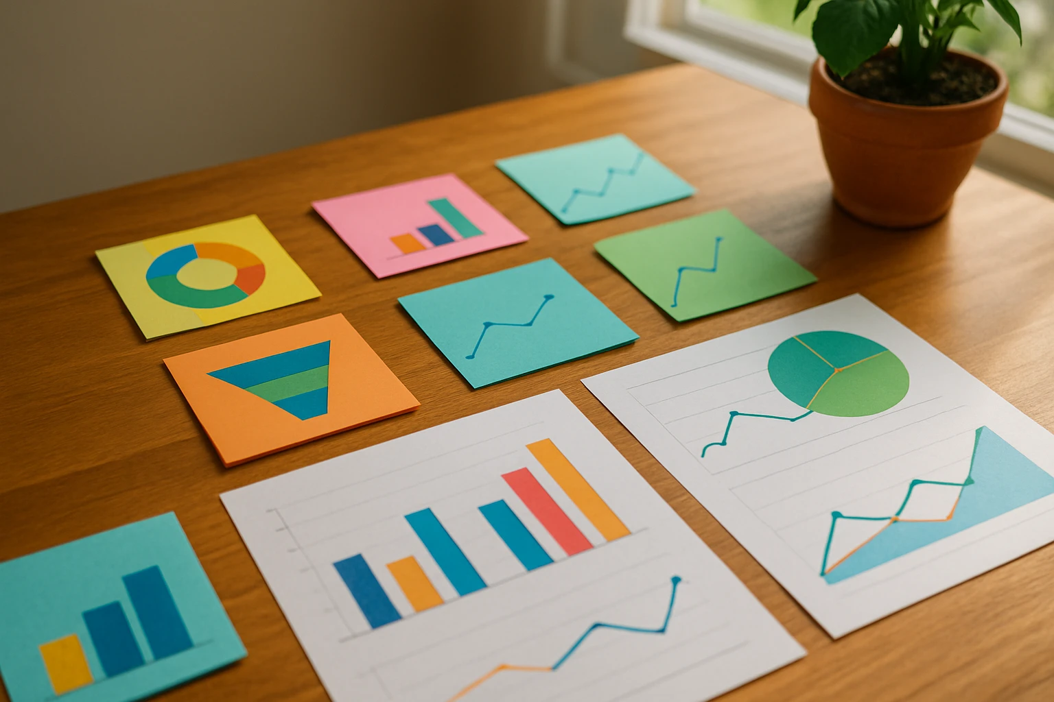 An array of colorful sticky notes and graphs laid out on a wooden table, each displaying various testing statistics and conversion metrics, with a potted plant and natural light filtering through a nearby window.