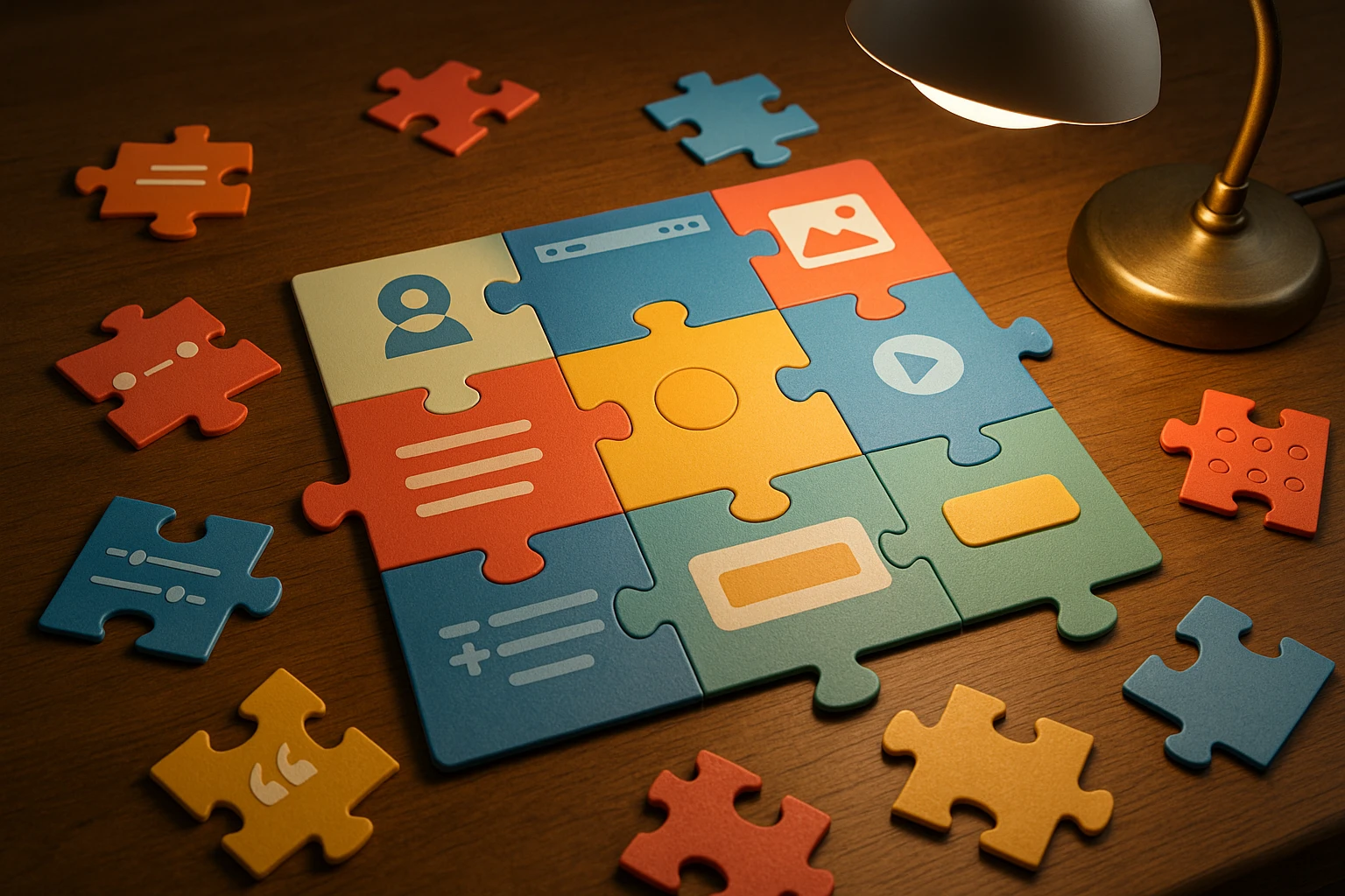 A colorful puzzle being assembled on a wooden table, with each piece representing different website components like icons, buttons, and banners, with a bright lamp casting soft light over the scene.