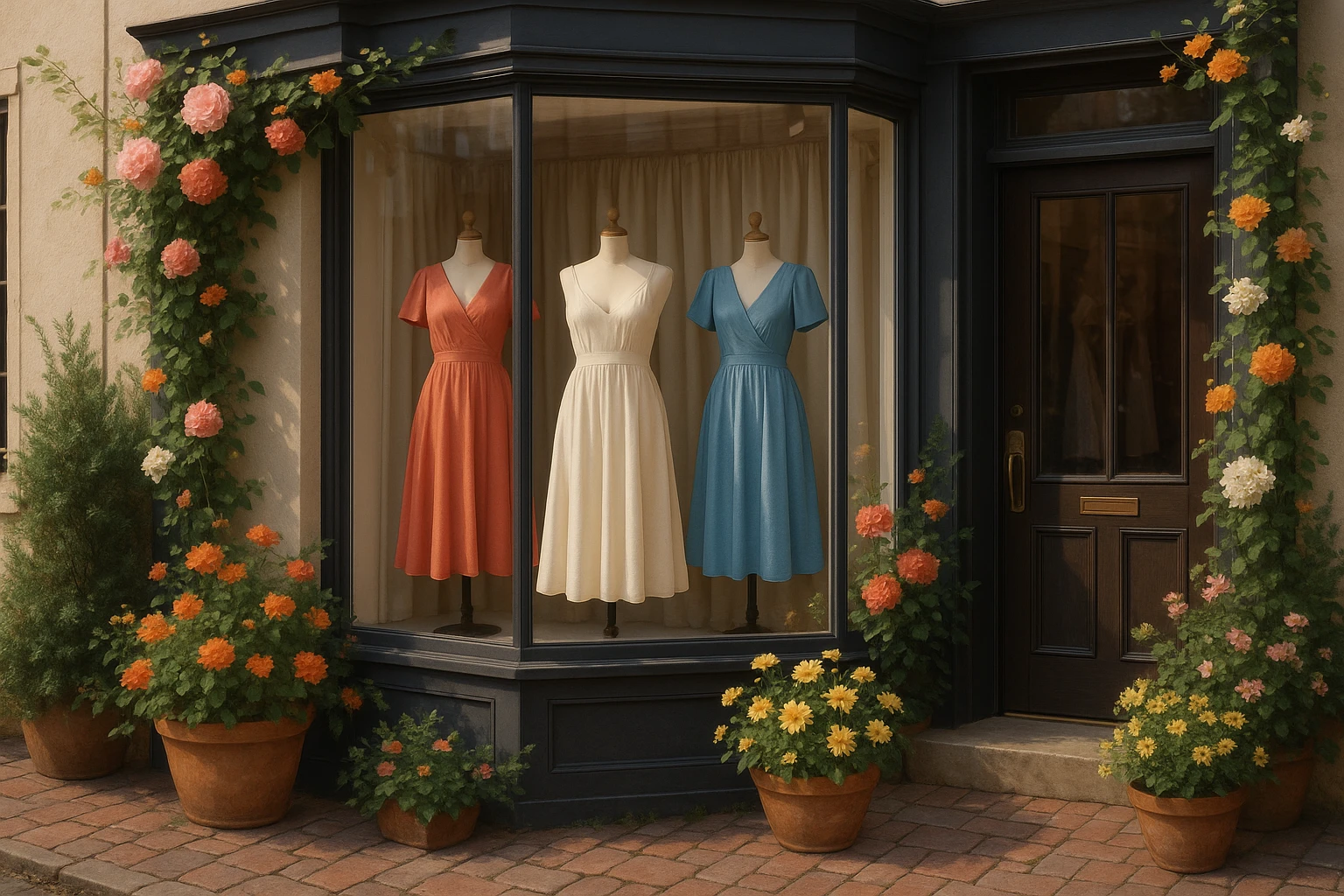 A cozy boutique storefront with dresses displayed elegantly in the window, surrounded by vibrant flowers, suggesting a seamless transition from online to doorstep delivery.