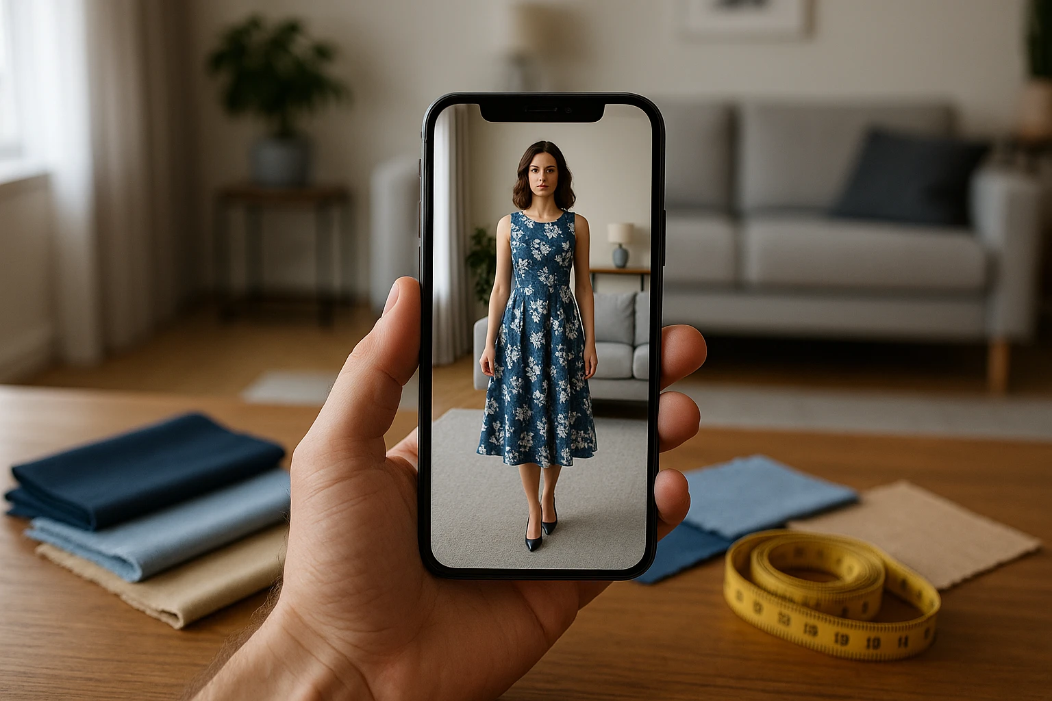 A smartphone displaying an augmented reality app in a modern living room, showing a virtual model wearing a dress, with fabric samples and measuring tape on a nearby table for a hands-on shopping experience.
