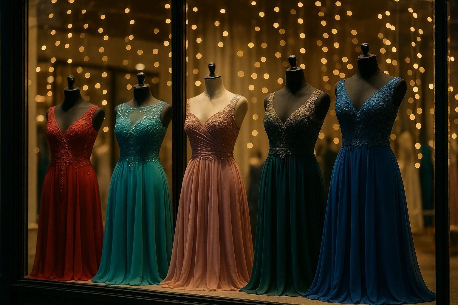 A colorful storefront window display showcasing a variety of elegant event dresses on mannequins, each adorned with intricate beadwork and flowing fabrics, set against a backdrop of softly glowing fairy lights.