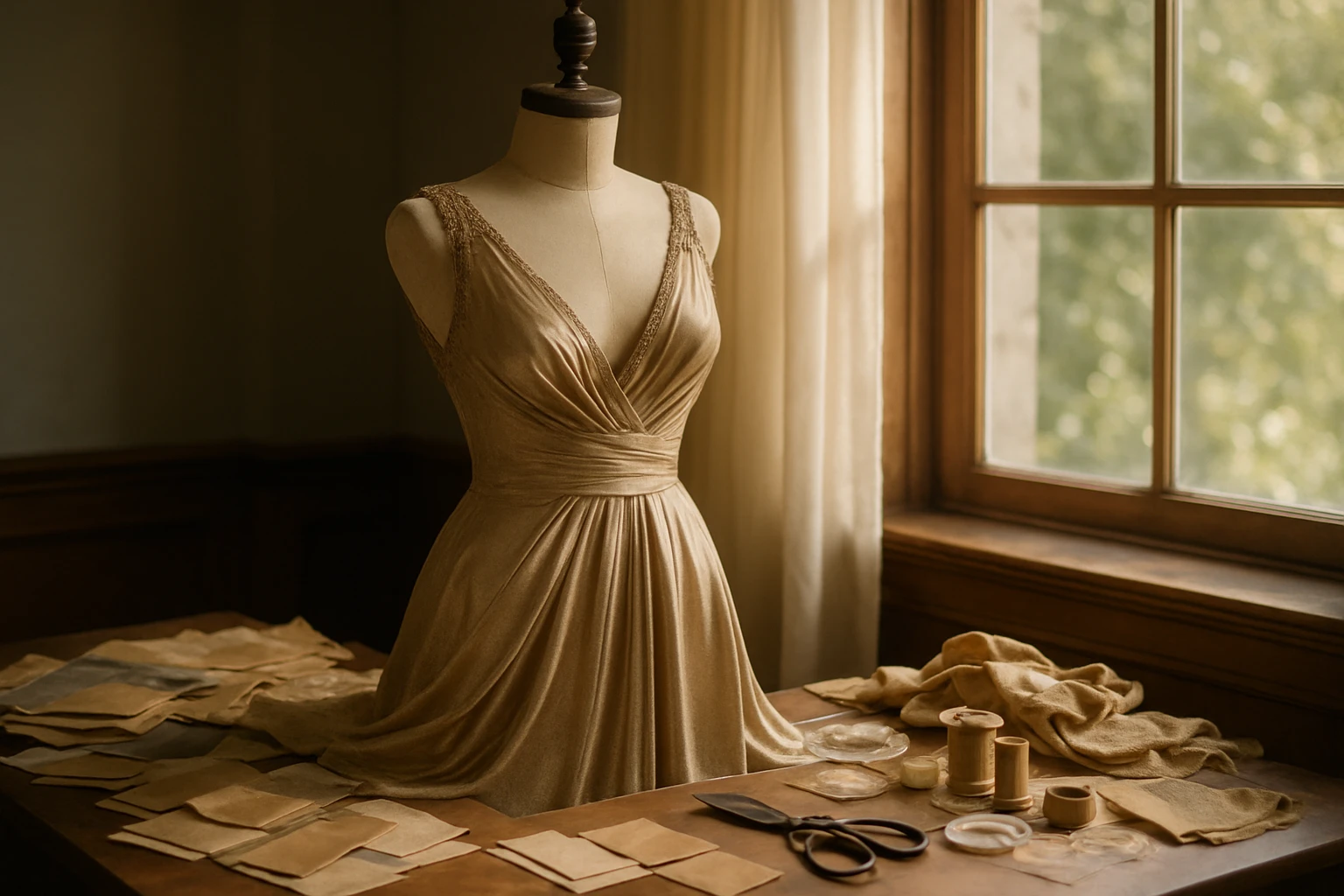 A luxurious event dress draped elegantly over a vintage-style dress form, surrounded by an array of fabric swatches and sewing tools on a wooden table, with a sunlit window casting a soft glow over the scene.