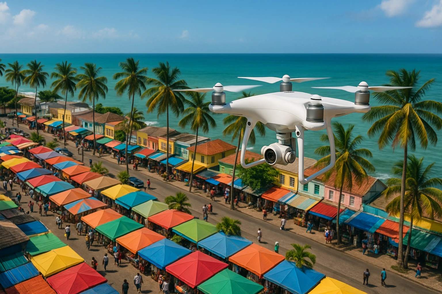 A high-resolution drone capturing aerial footage over the vibrant streets of Montego Bay, showcasing a bustling marketplace below with colorful stalls and a backdrop of palm trees swaying in the ocean breeze.