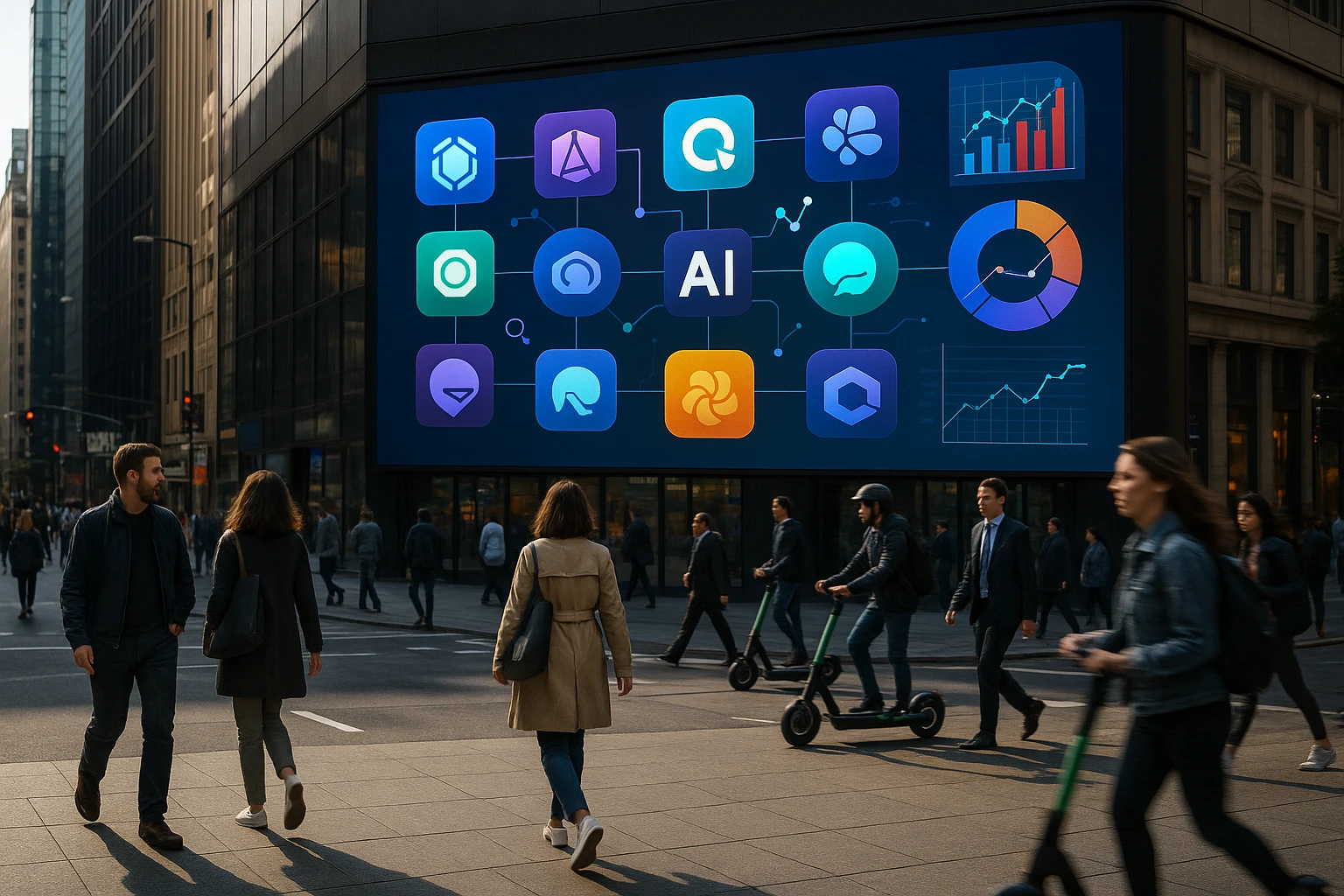 A bustling city street with a large electronic billboard displaying various AI tool logos and dynamic infographics, surrounded by people walking and electric scooters zipping by.