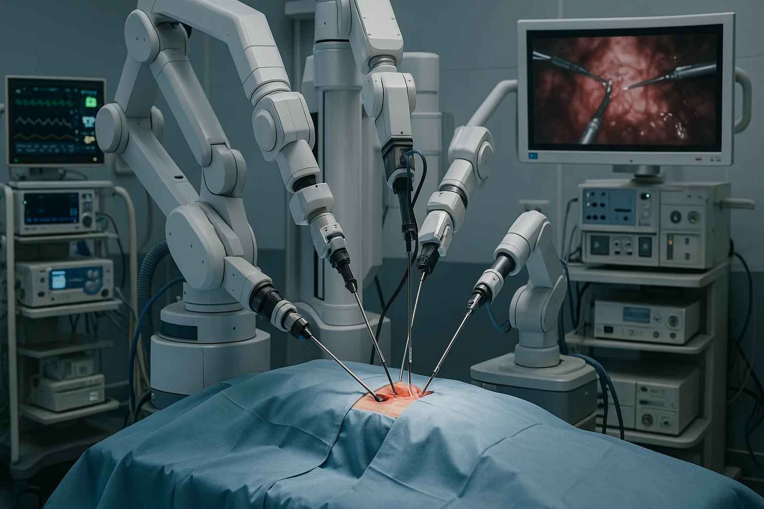 A hospital room with robotic surgical equipment in action, showcasing precise mechanical arms assisting in a complex surgical procedure, surrounded by advanced medical devices and monitors displaying real-time data.