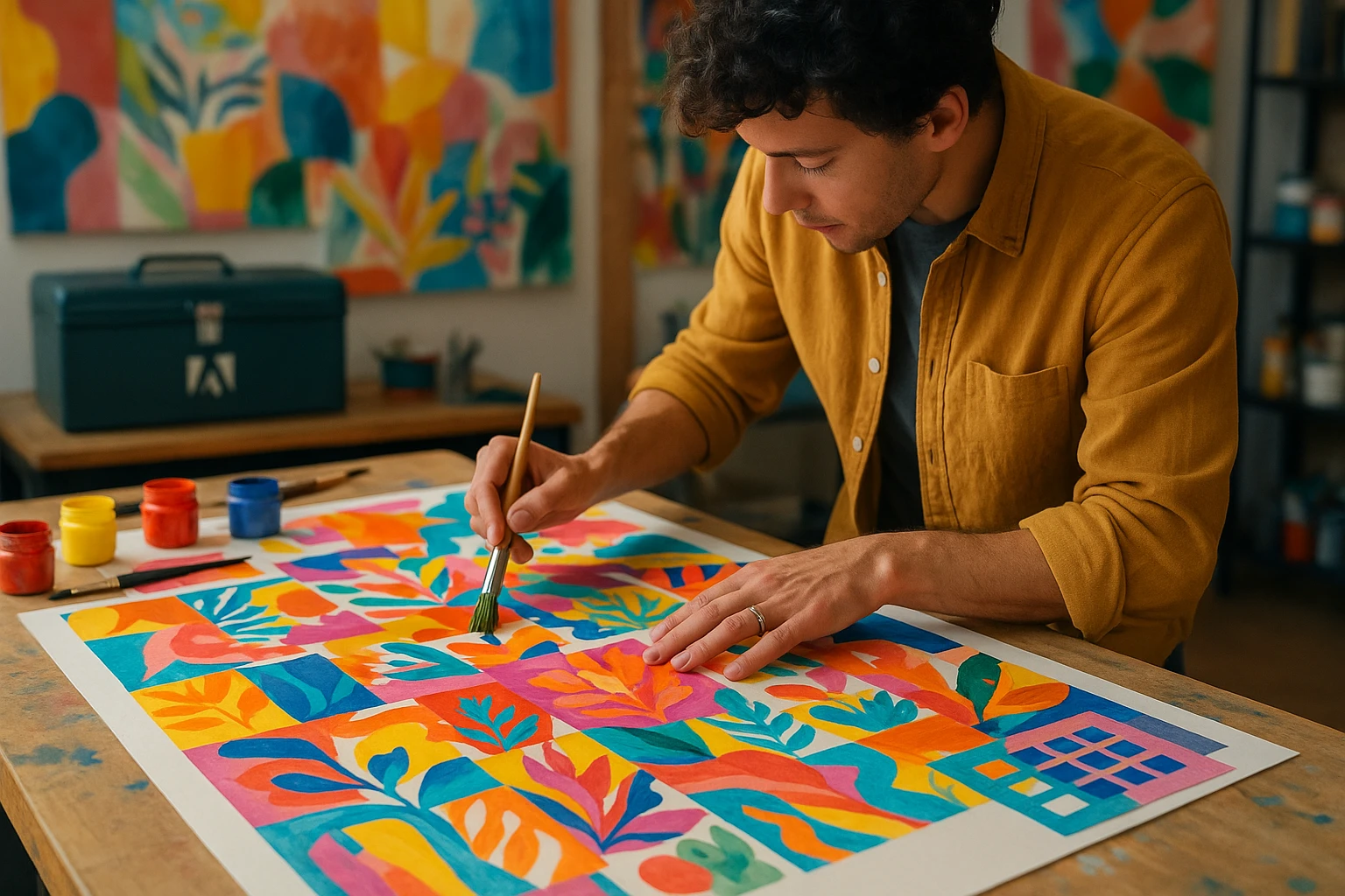 A vibrant workshop where a designer assembles a colorful collage on a large canvas using printouts, paintbrushes, and stencils, with a subtle Adobe logo on a toolbox in the background.