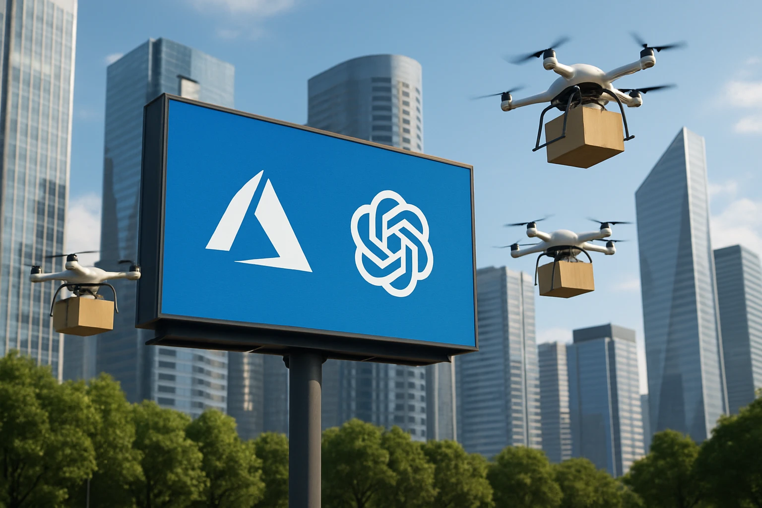 A futuristic outdoor scene featuring a large digital billboard displaying the Azure OpenAI logo amidst a bustling cityscape, surrounded by autonomous drones delivering packages against a background of modern skyscrapers.