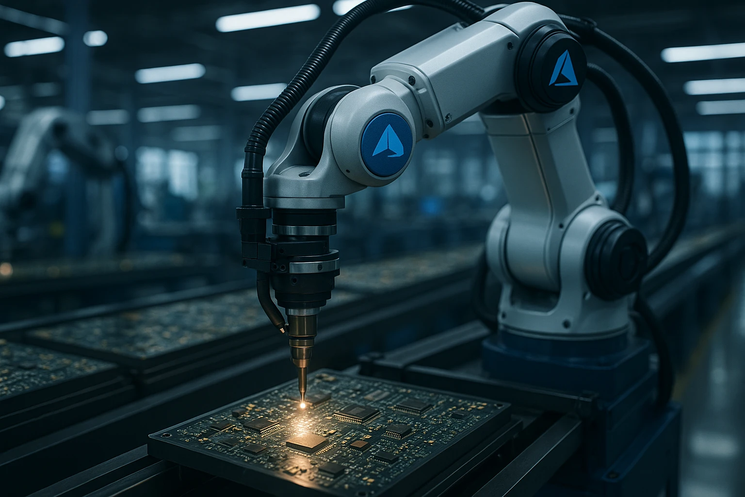 A robotic arm assembling intricate circuit boards on a production line, with the Azure OpenAI logo subtly integrated into the machinery, set against the backdrop of a high-tech manufacturing plant.