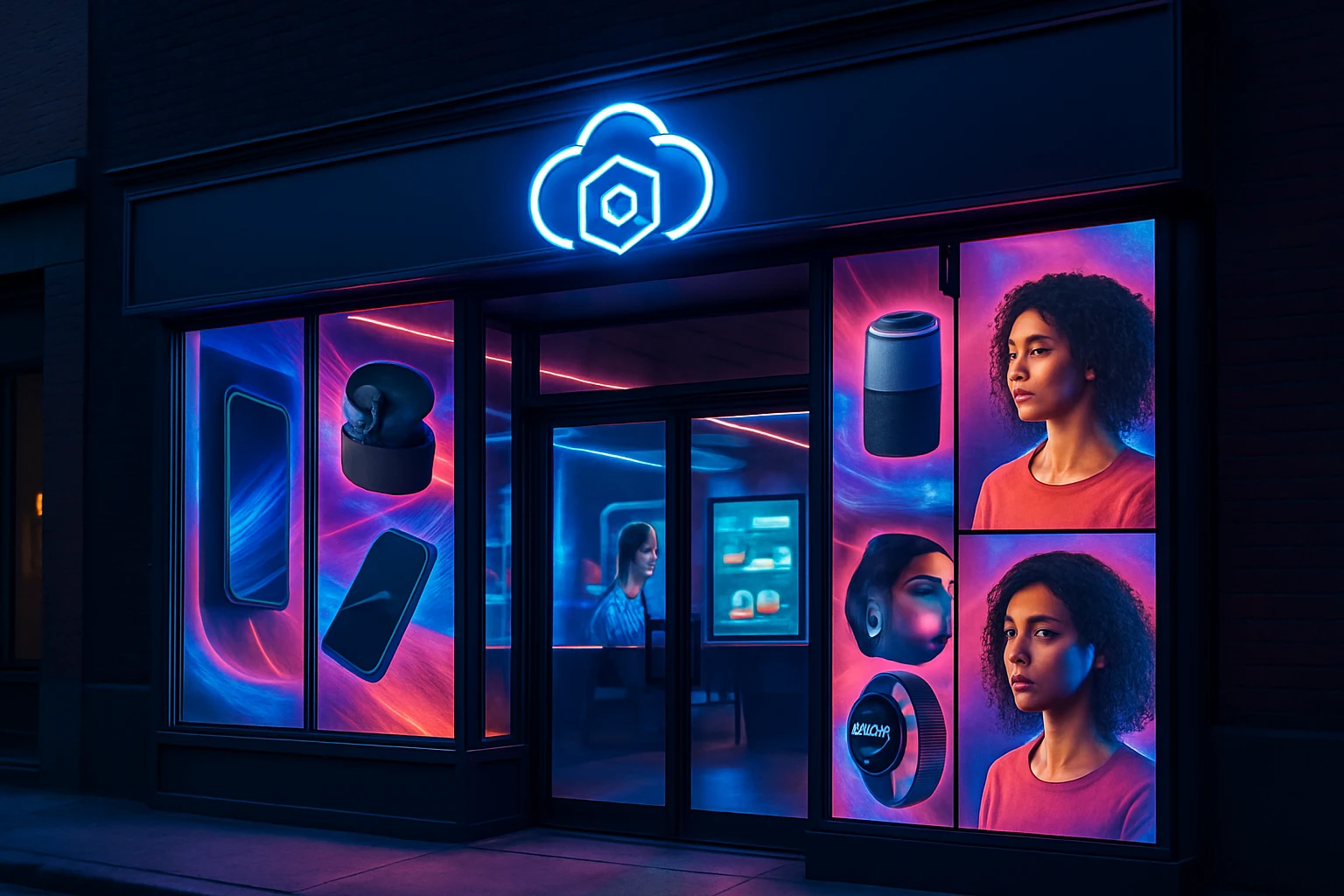 A stylish storefront at dusk with neon lights showcasing the Azure OpenAI Service logo, surrounded by AI-enhanced advertising screens displaying dynamic, personalized product recommendations.