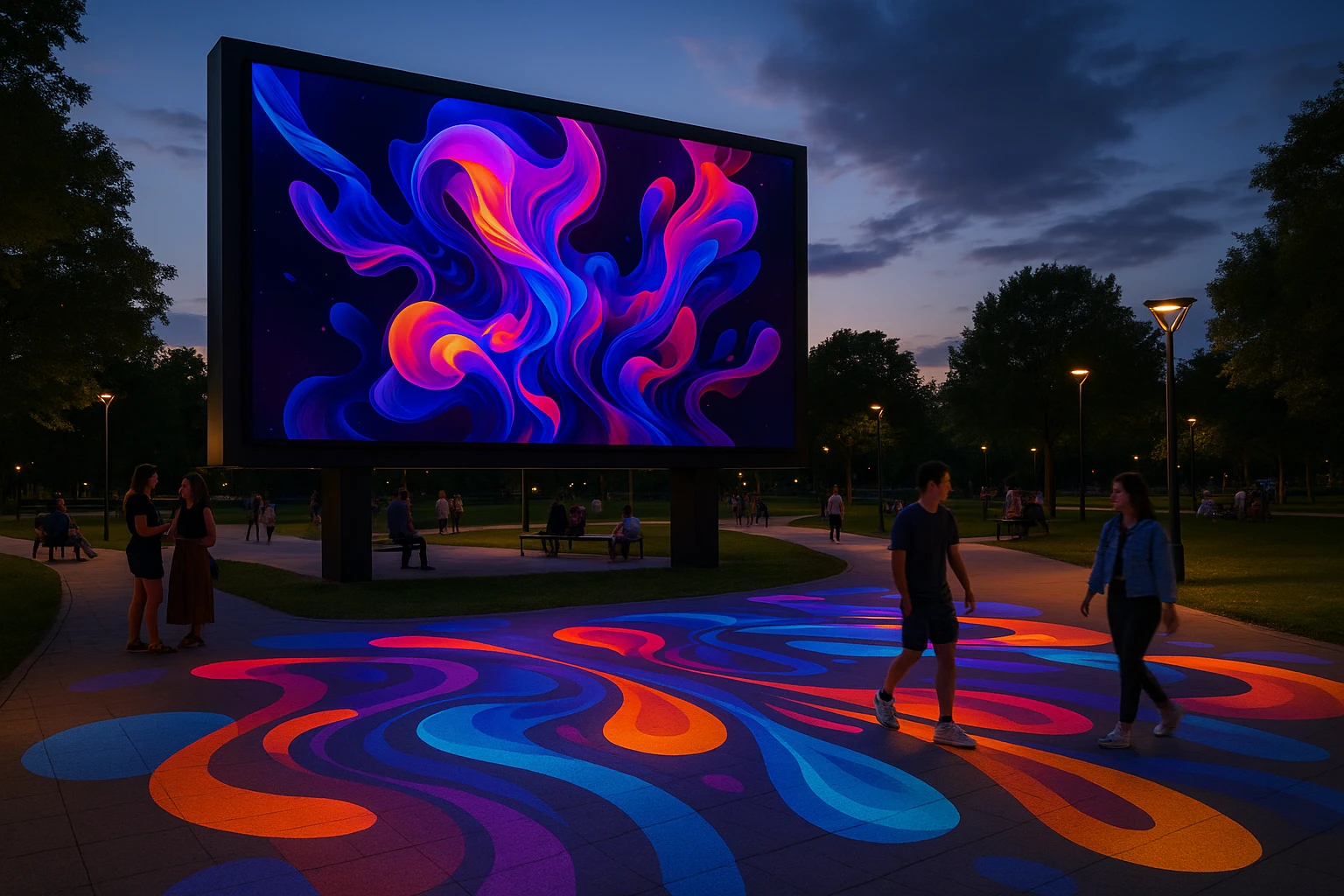 A modern park with a large digital billboard displaying dynamic AI-generated art, surrounded by people casually interacting in the background and vibrant, innovative designs projected onto pathways at dusk.